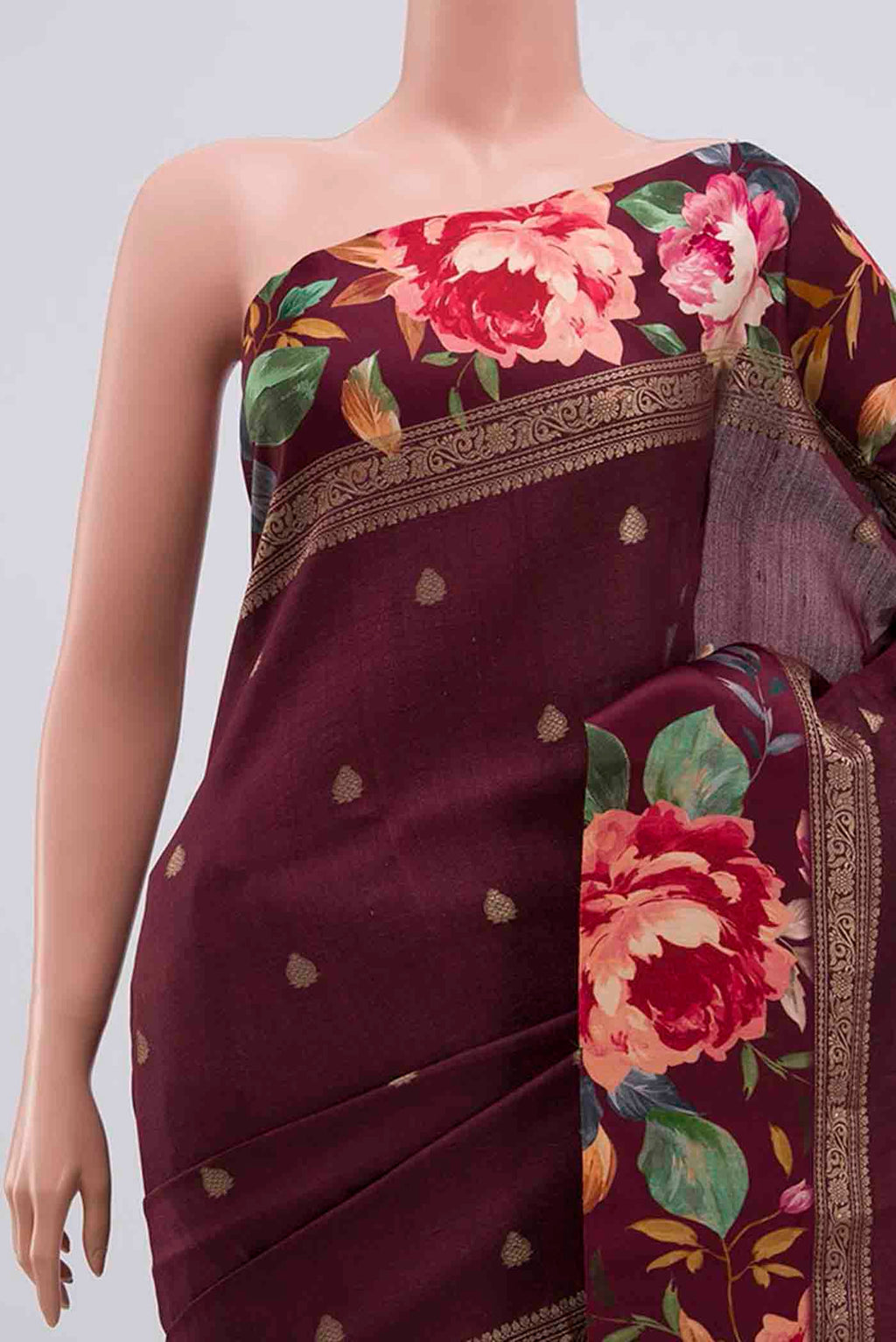 Border image of Burgundy Tussar Silk Saree with Zari Butta on the body and Fancy Border