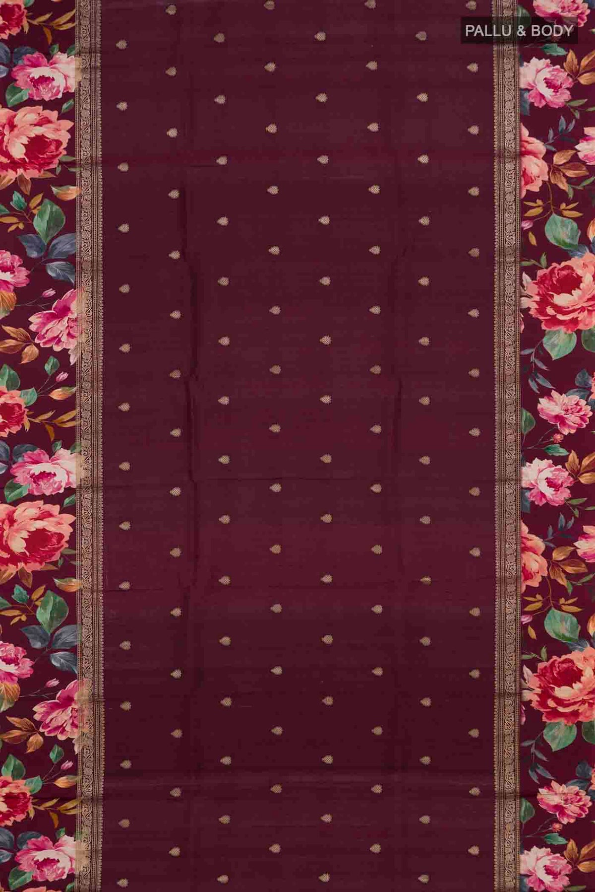 Flat view of Burgundy Tussar Silk Saree with Zari Butta on the body and Fancy Border