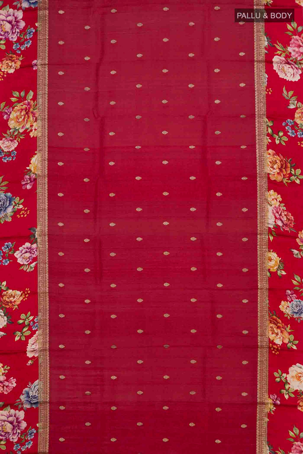 Flat view of Maroon Tussar Silk Saree with Zari Butta on the body and Fancy Border