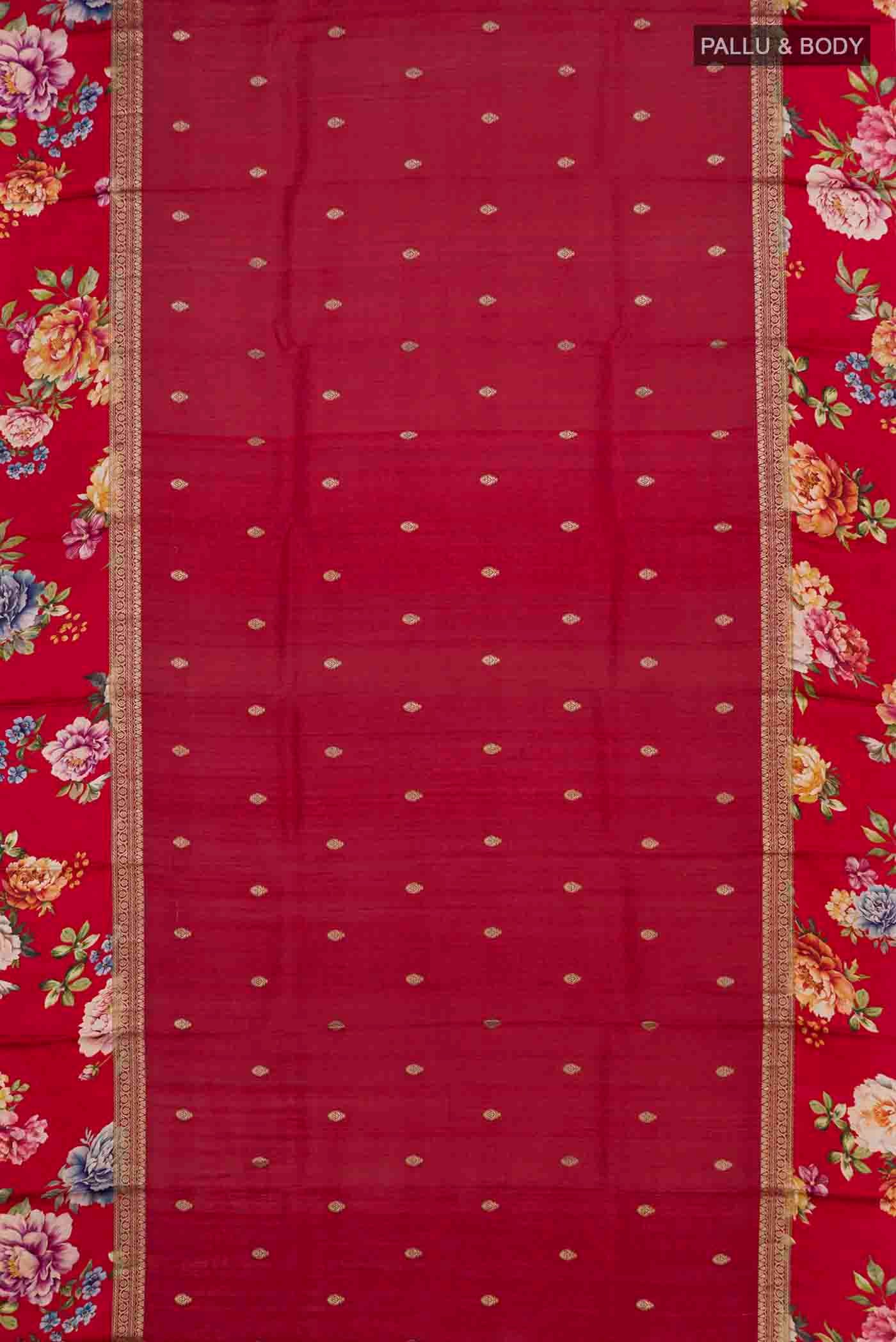 Flat view of Maroon Tussar Silk Saree with Zari Butta on the body and Fancy Border