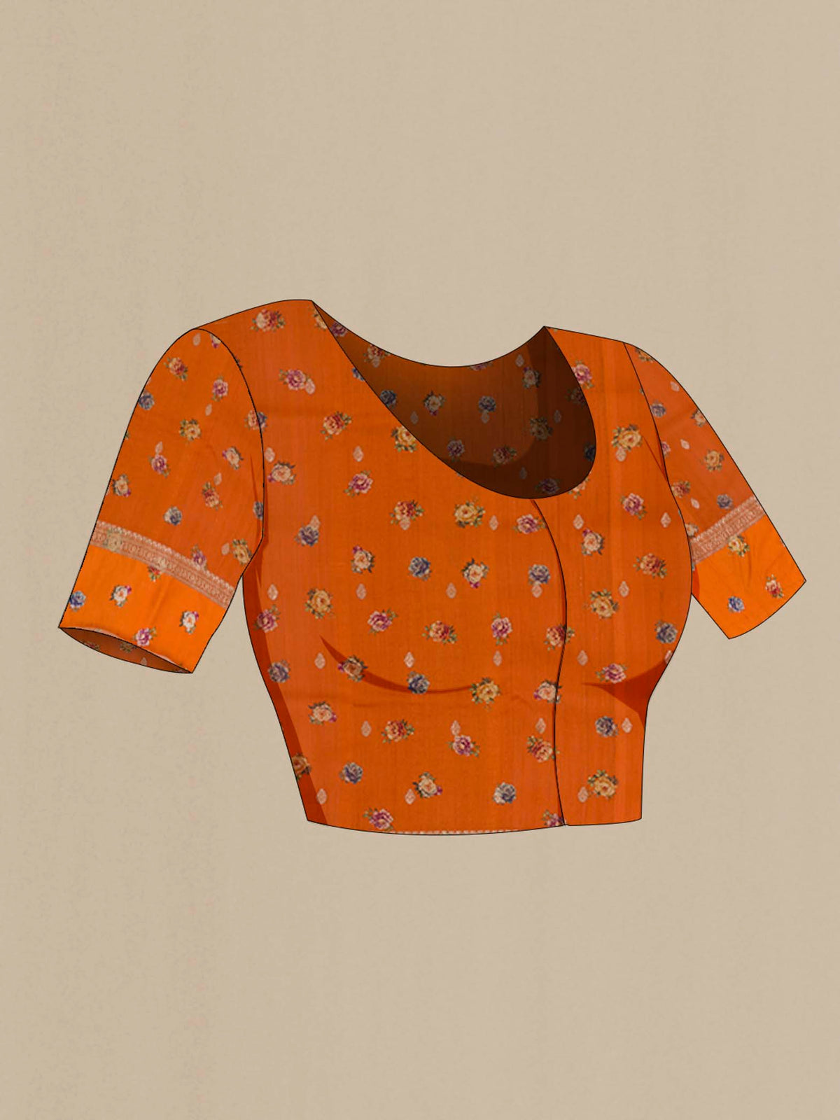 Close up image of the blouse of Orange Tussar Silk Saree with Zari Butta on the body and Fancy Border