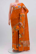 Orange Tussar Silk Saree with Zari Butta on the body and Fancy Border displayed on a mannequin