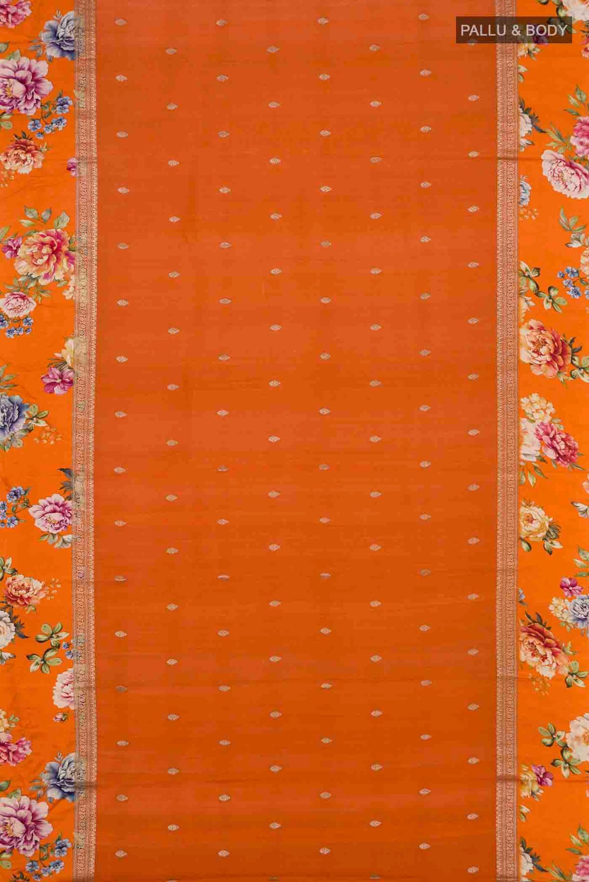 Flat view of Orange Tussar Silk Saree with Zari Butta on the body and Fancy Border