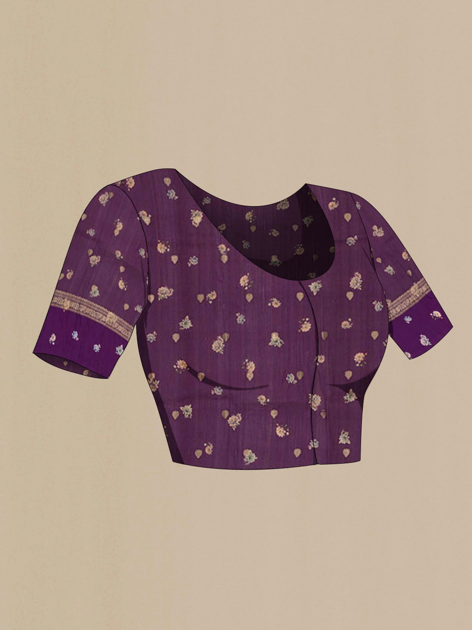Close up image of the blouse of Purple Tussar Silk Saree with Zari Butta on the body and Printed Border. 