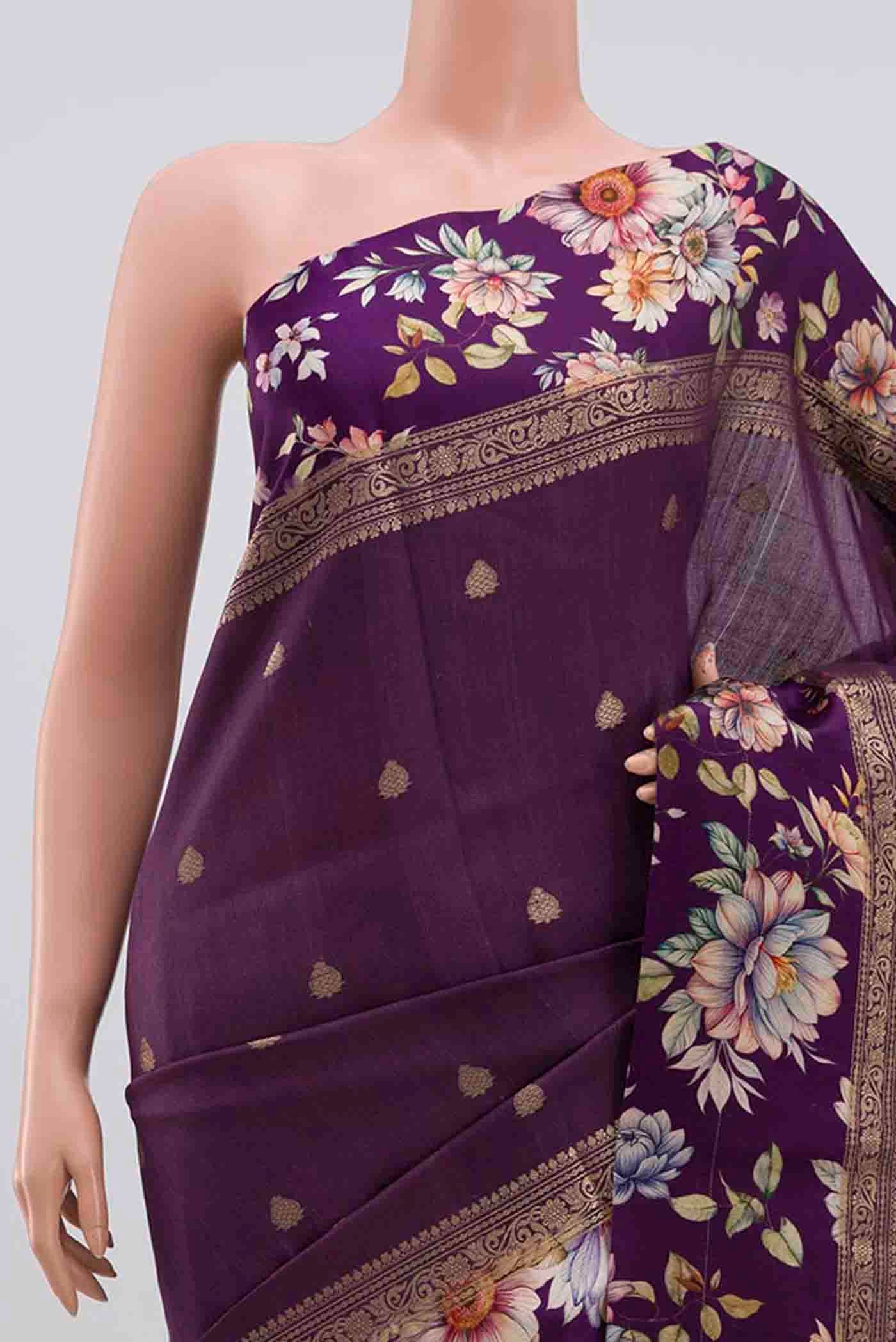 Border image of Purple Tussar Silk Saree with Zari Butta on the body and Printed Border. 