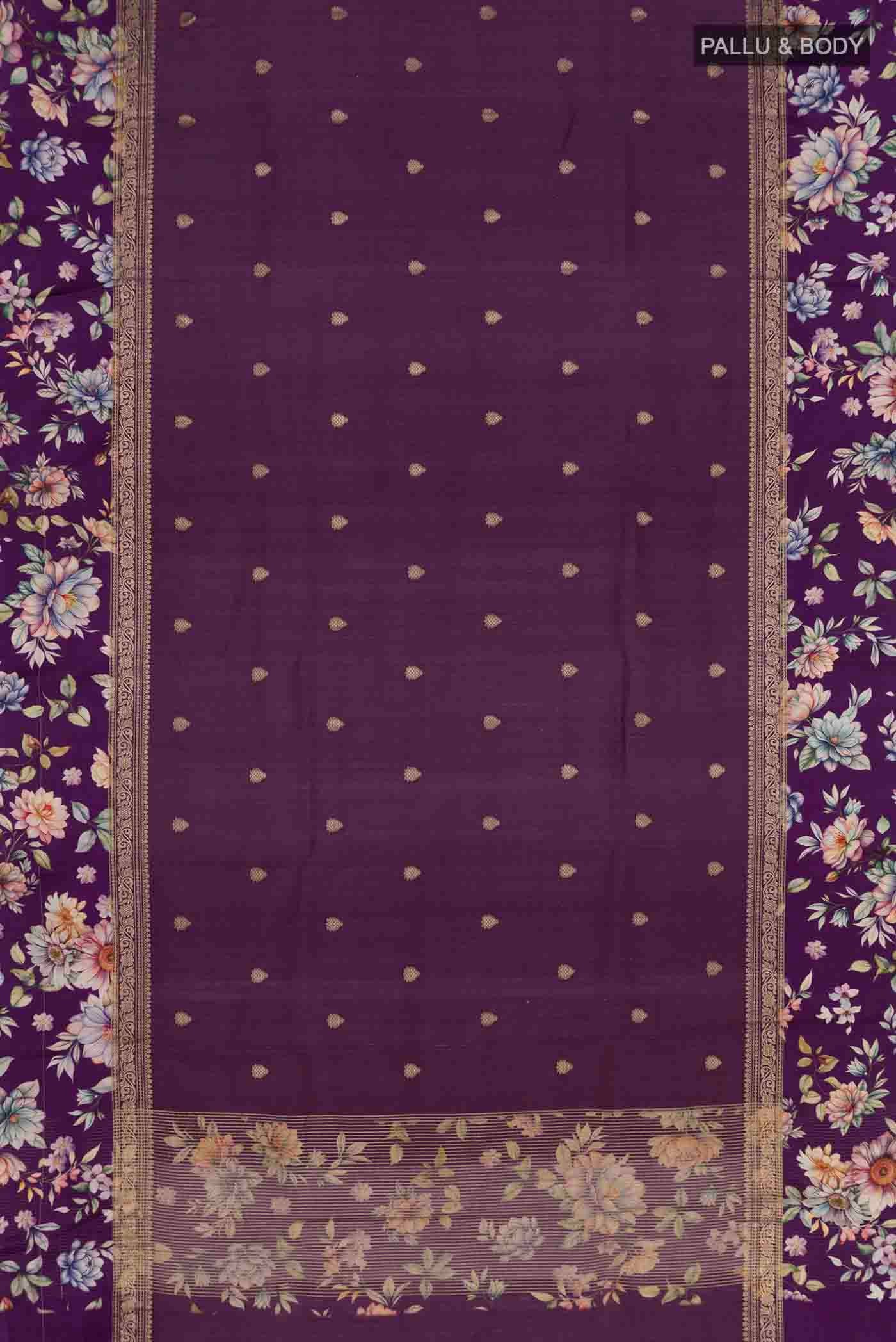 Flat view of Purple Tussar Silk Saree with Zari Butta on the body and Printed Border. 