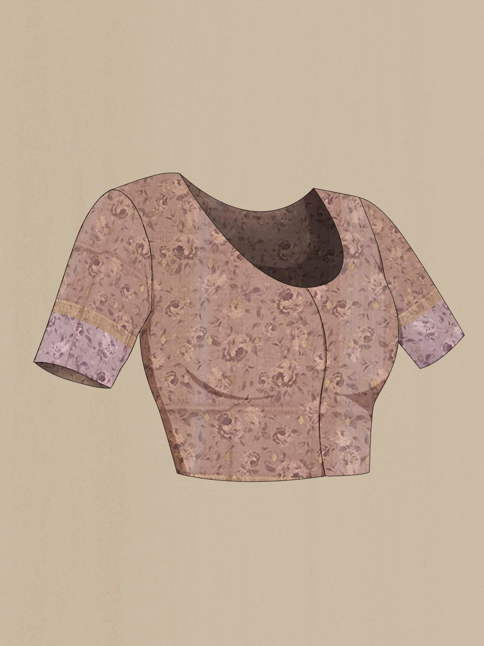 Close up image of the blouse of Brown Tussar Silk Saree with Zari Butta on the body and Printed Border. 