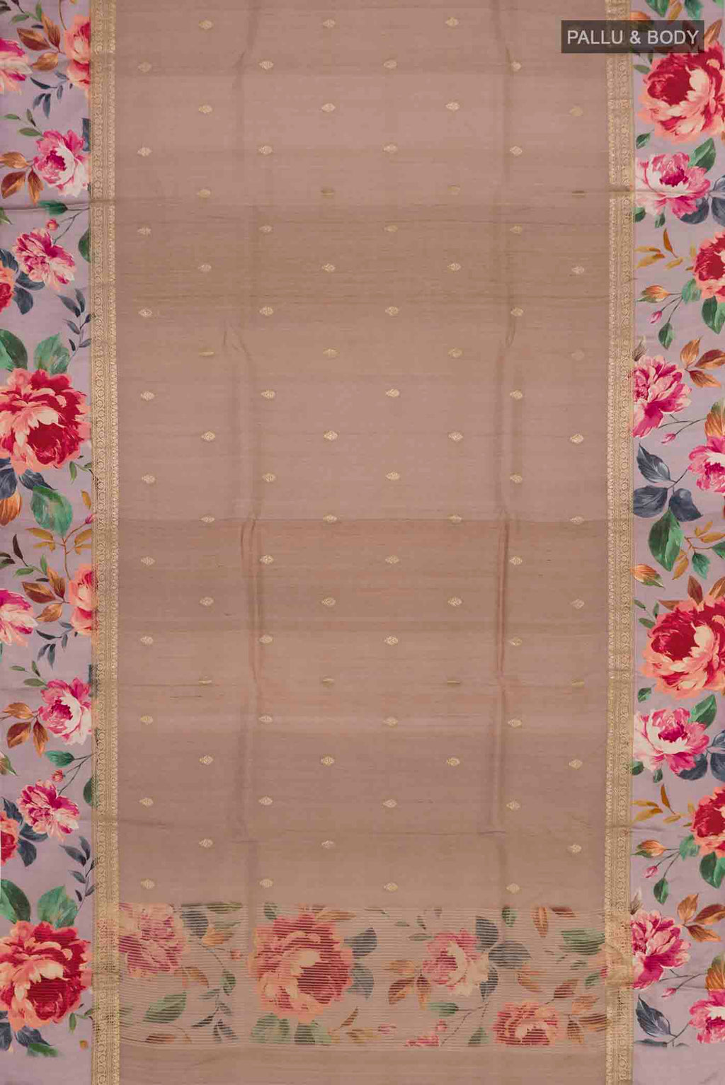 Flat view of Brown Tussar Silk Saree with Zari Butta on the body and Printed Border. 