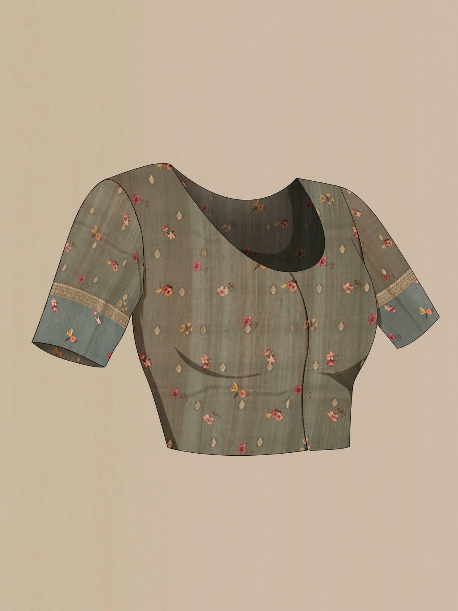 Close up image of the blouse of Grey Tussar Silk Saree with Zari Butta on the body and Printed Border. 