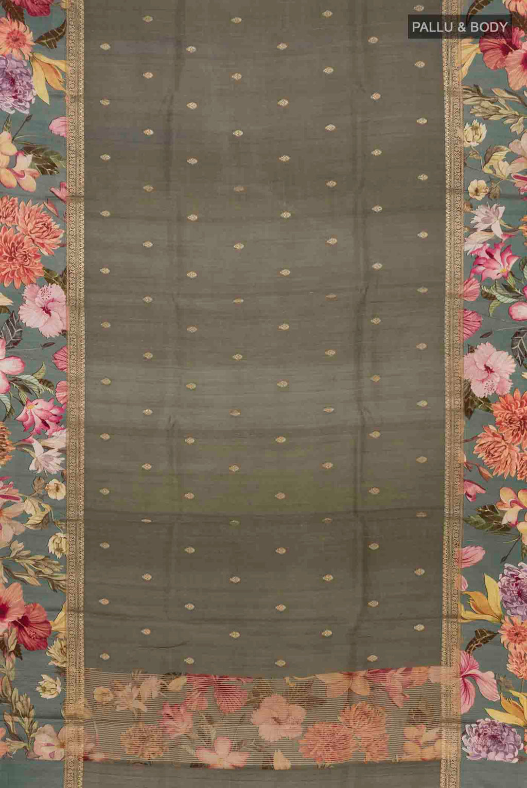 Flat view of Grey Tussar Silk Saree with Zari Butta on the body and Printed Border. 
