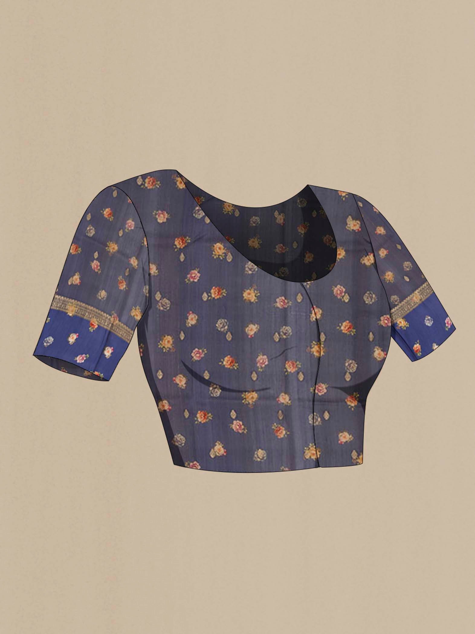 Close up image of the blouse of Blue Grey Tussar Silk Saree with Zari Butta on the body and Printed Border. 