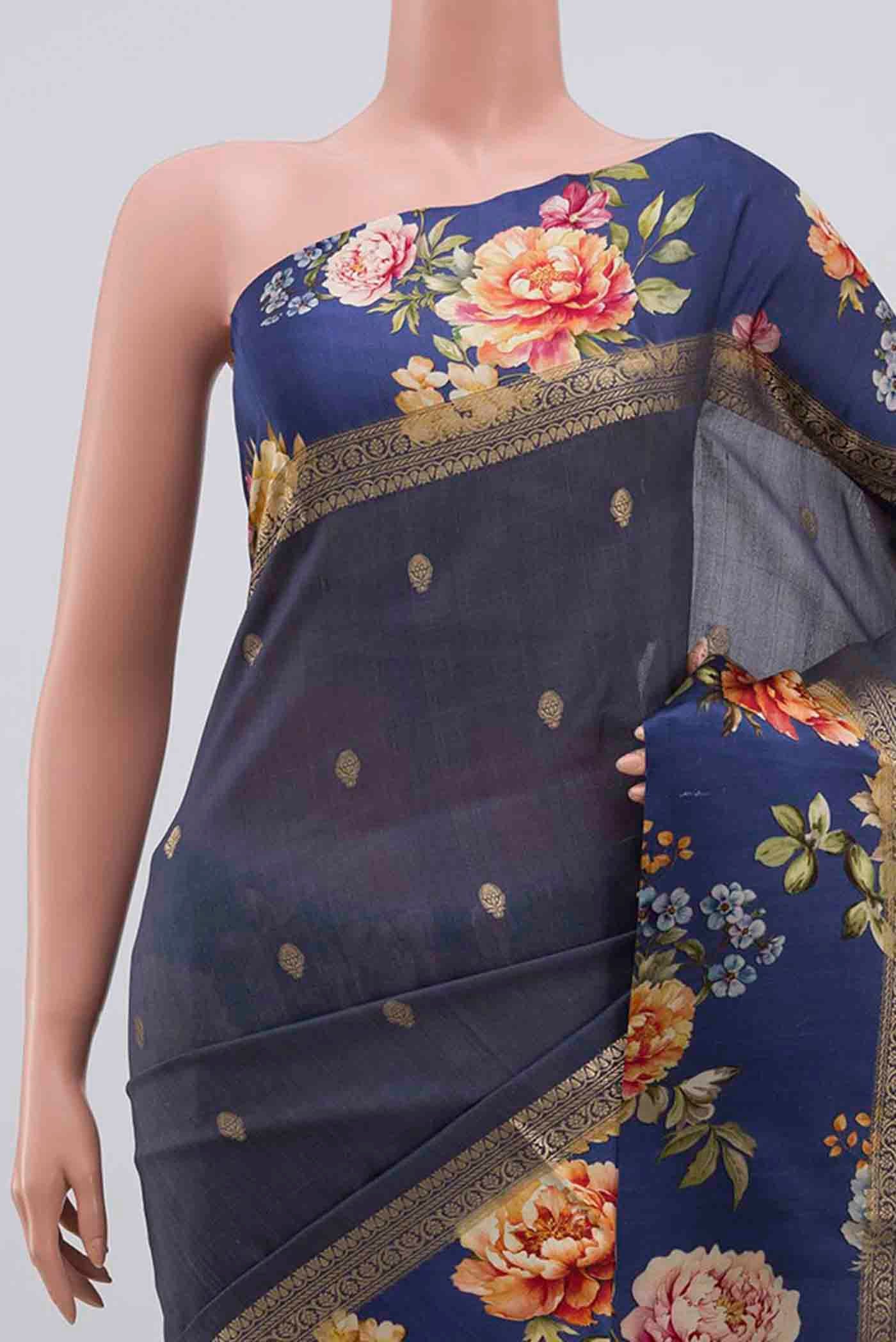 Border image of Blue Grey Tussar Silk Saree with Zari Butta on the body and Printed Border. 