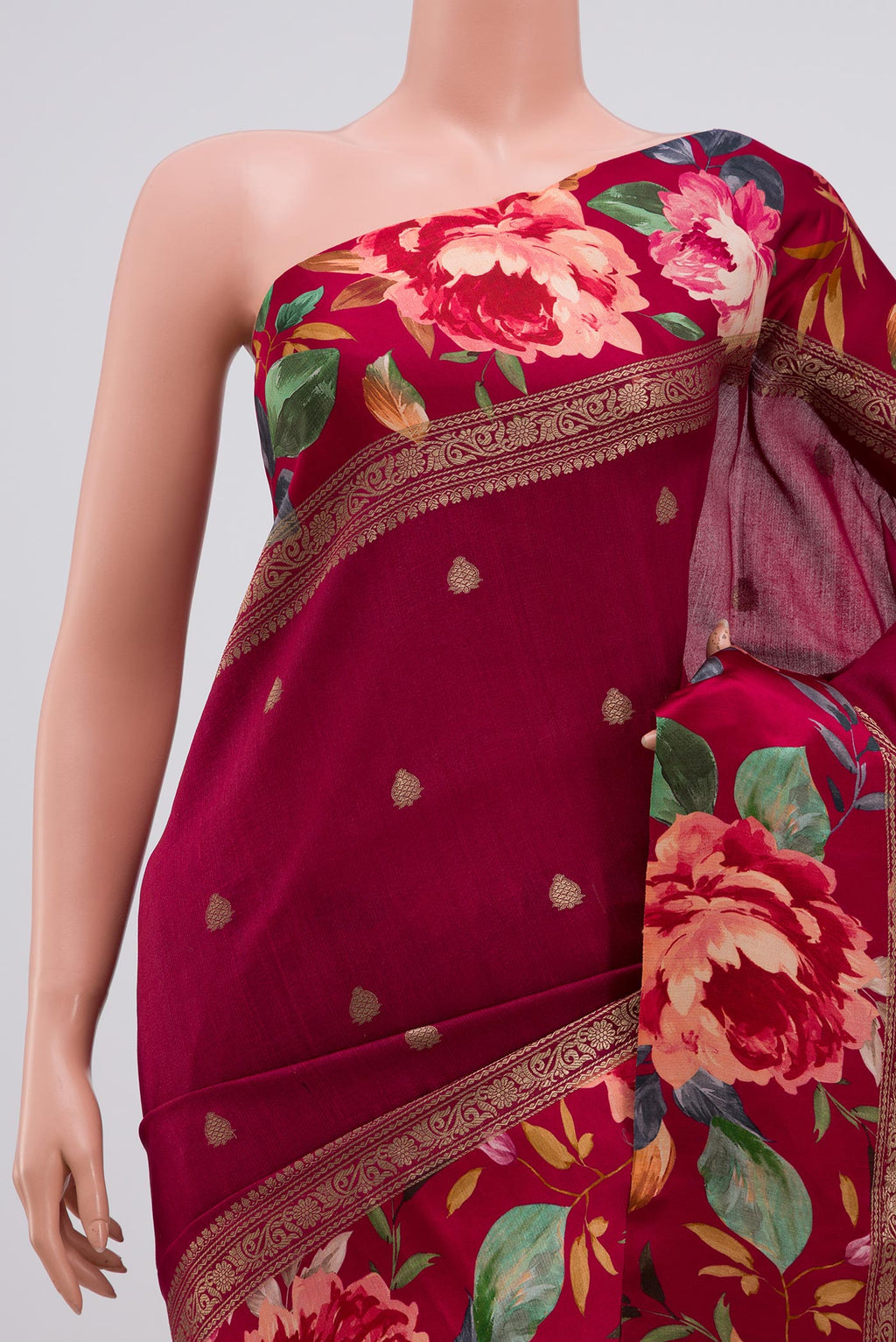 Border image of Burgundy Tussar Silk Saree with Zari Butta on the body and Fancy Border. 