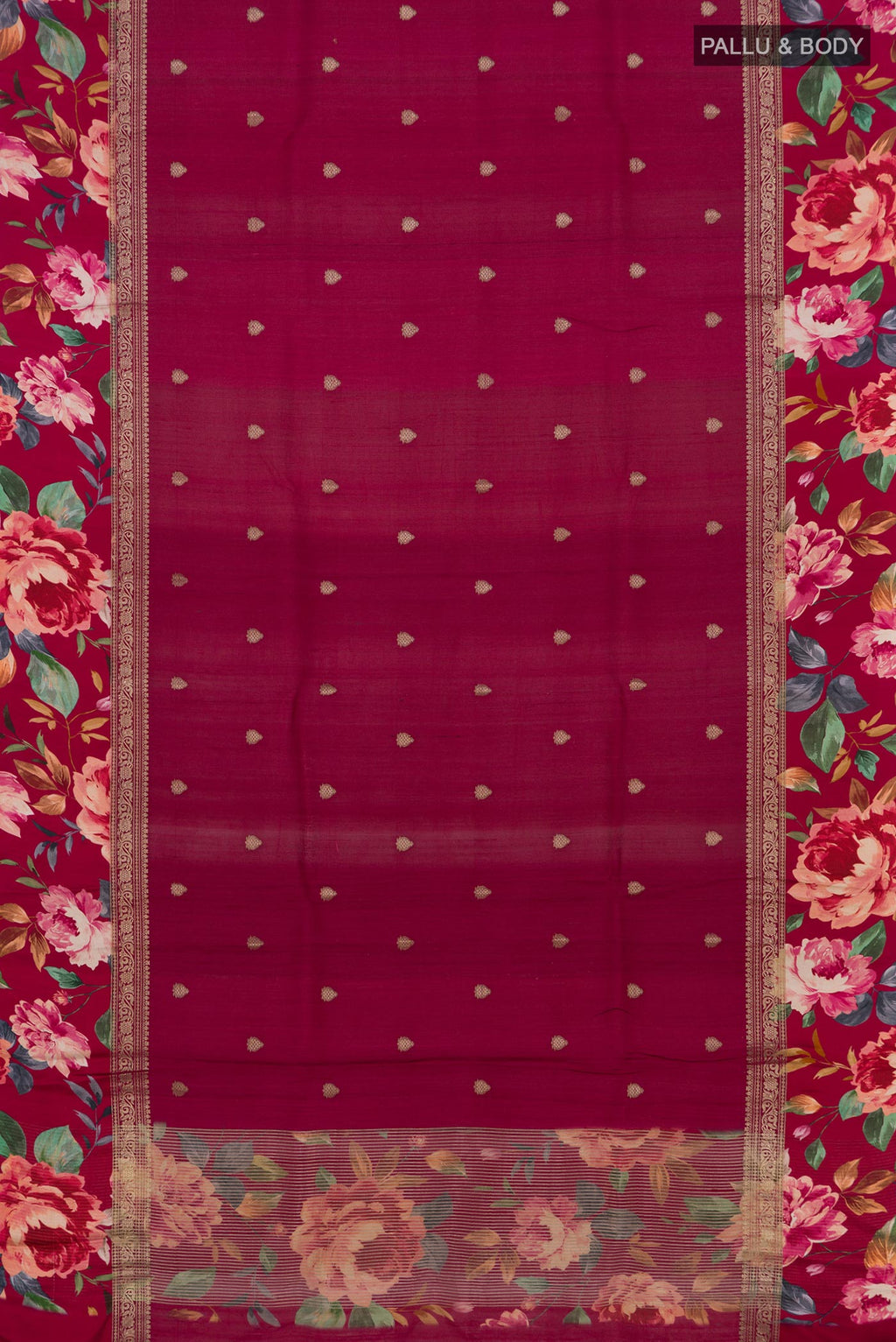 Flat view of Burgundy Tussar Silk Saree with Zari Butta on the body and Fancy Border. 