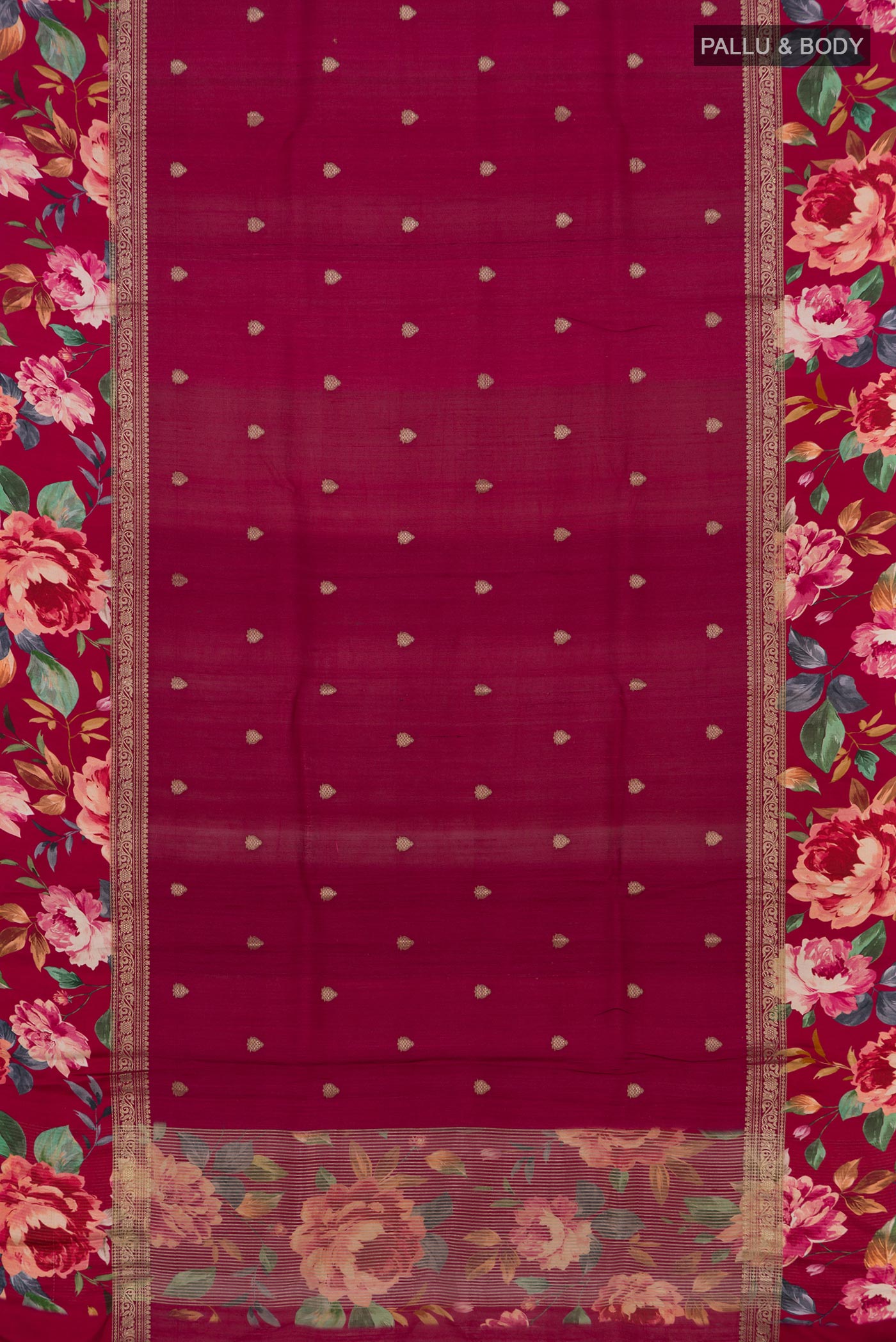 Flat view of Burgundy Tussar Silk Saree with Zari Butta on the body and Fancy Border. 