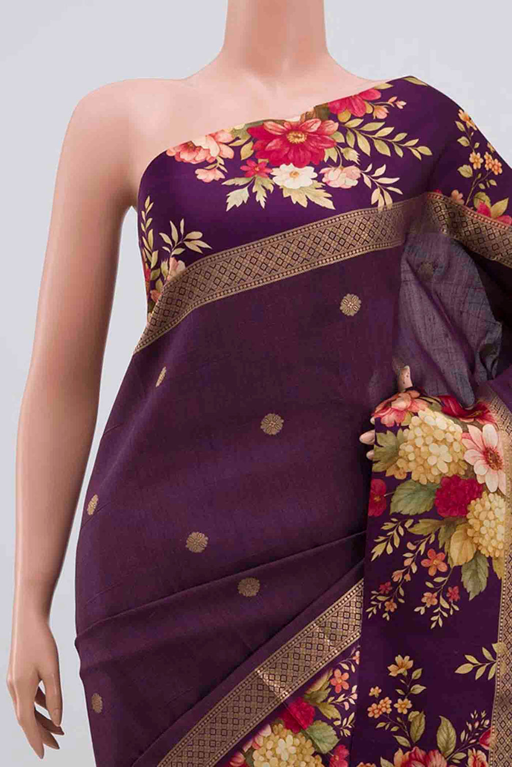 Border image of Purple Tussar Silk Saree with Zari Butta on the body and Printed Border. 