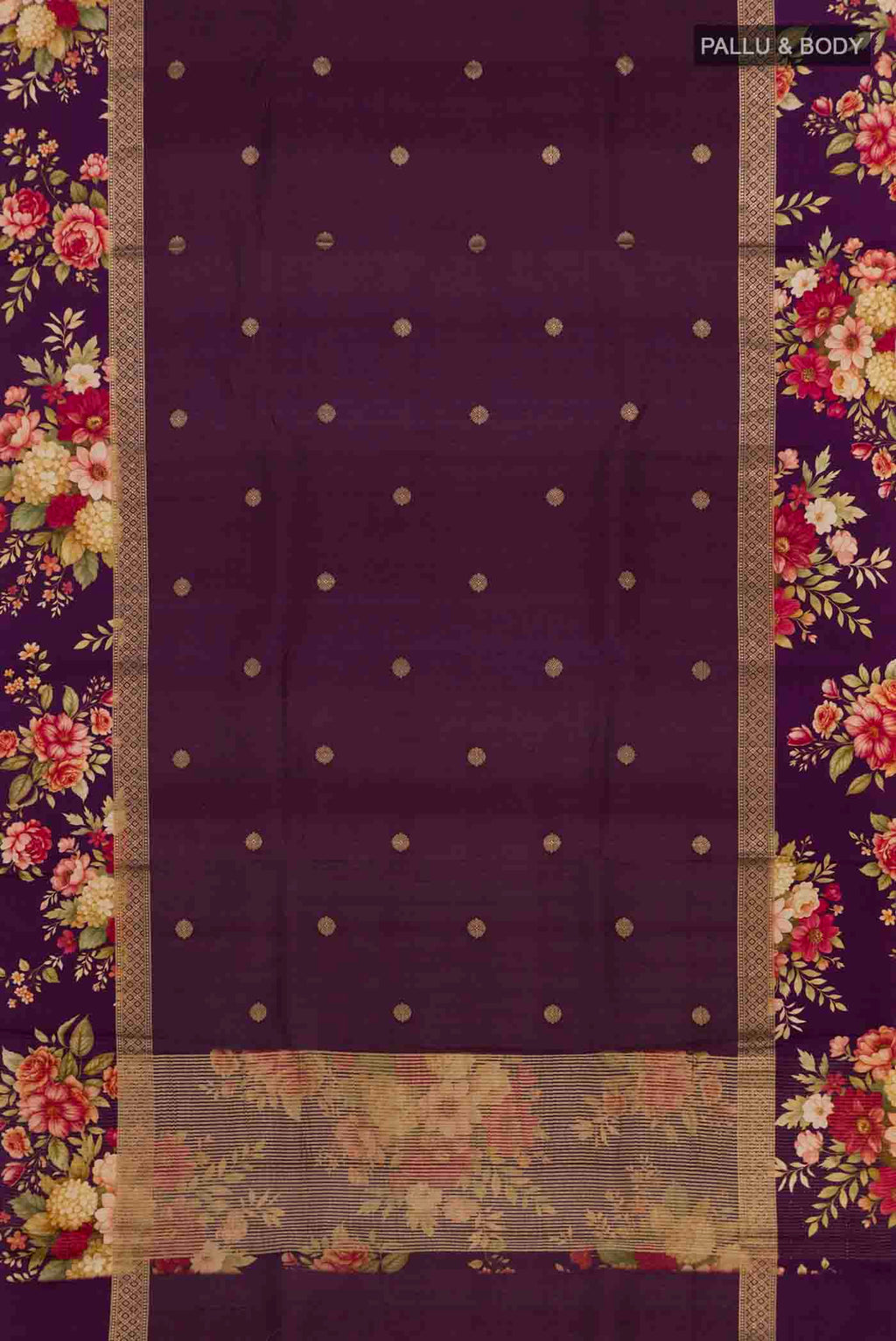 Flat view of Purple Tussar Silk Saree with Zari Butta on the body and Printed Border. 