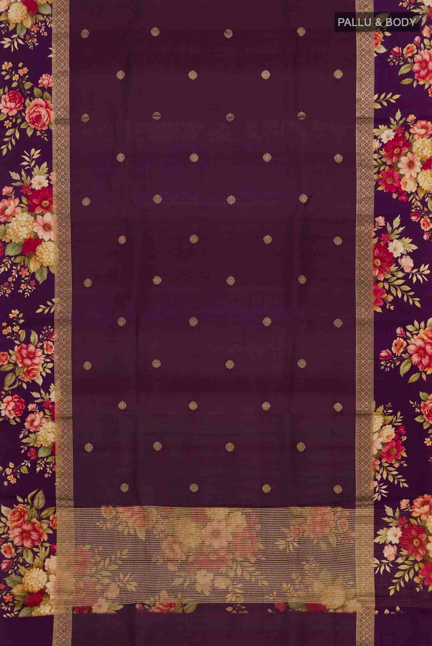 Flat view of Purple Tussar Silk Saree with Zari Butta on the body and Printed Border. 