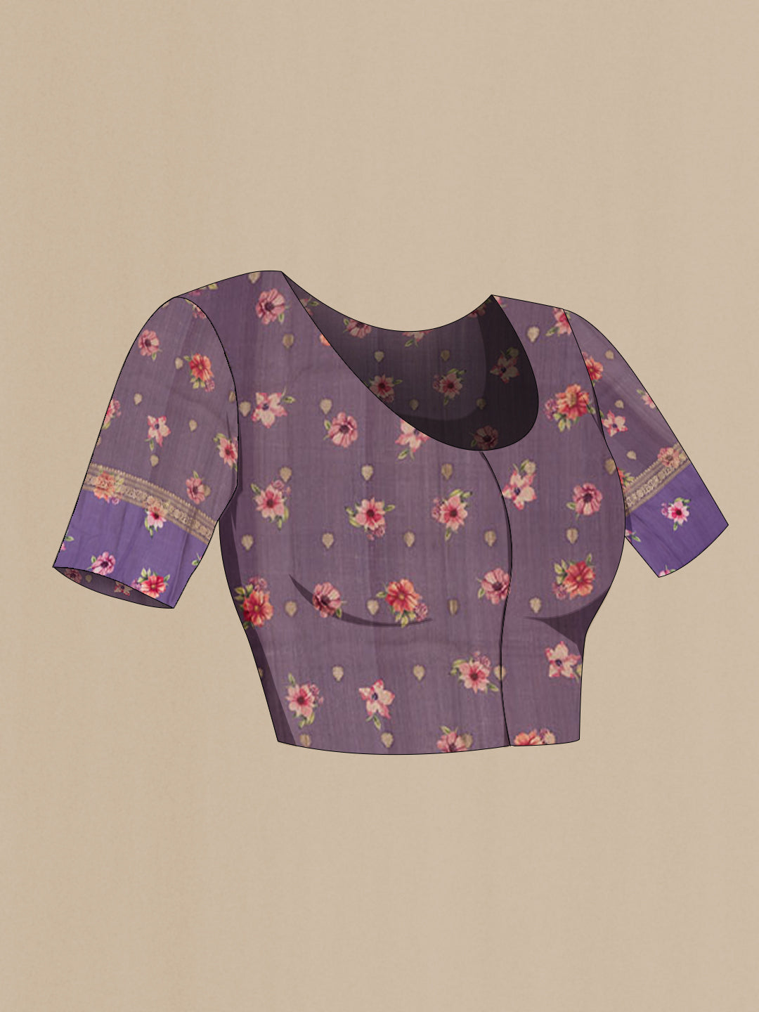Close up image of the blouse of Lavender Tussar Silk Saree with Zari Butta on the body and Fancy Border. 