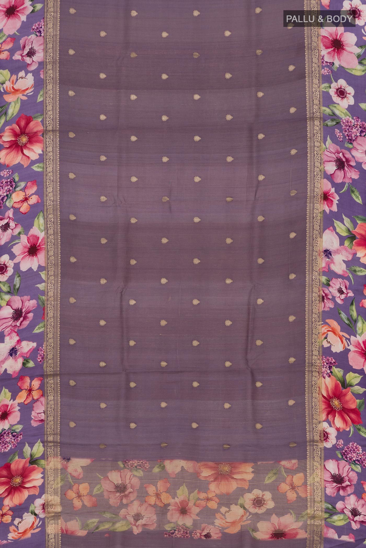 Flat view of Lavender Tussar Silk Saree with Zari Butta on the body and Fancy Border. 
