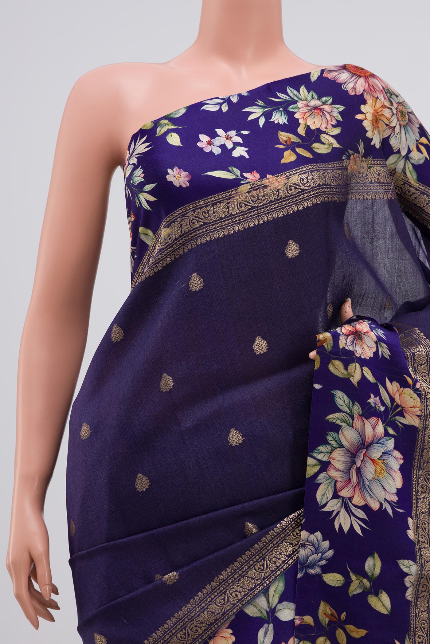 Border image of Blue Tussar Silk Saree with Zari Butta on the body and Fancy Border. 