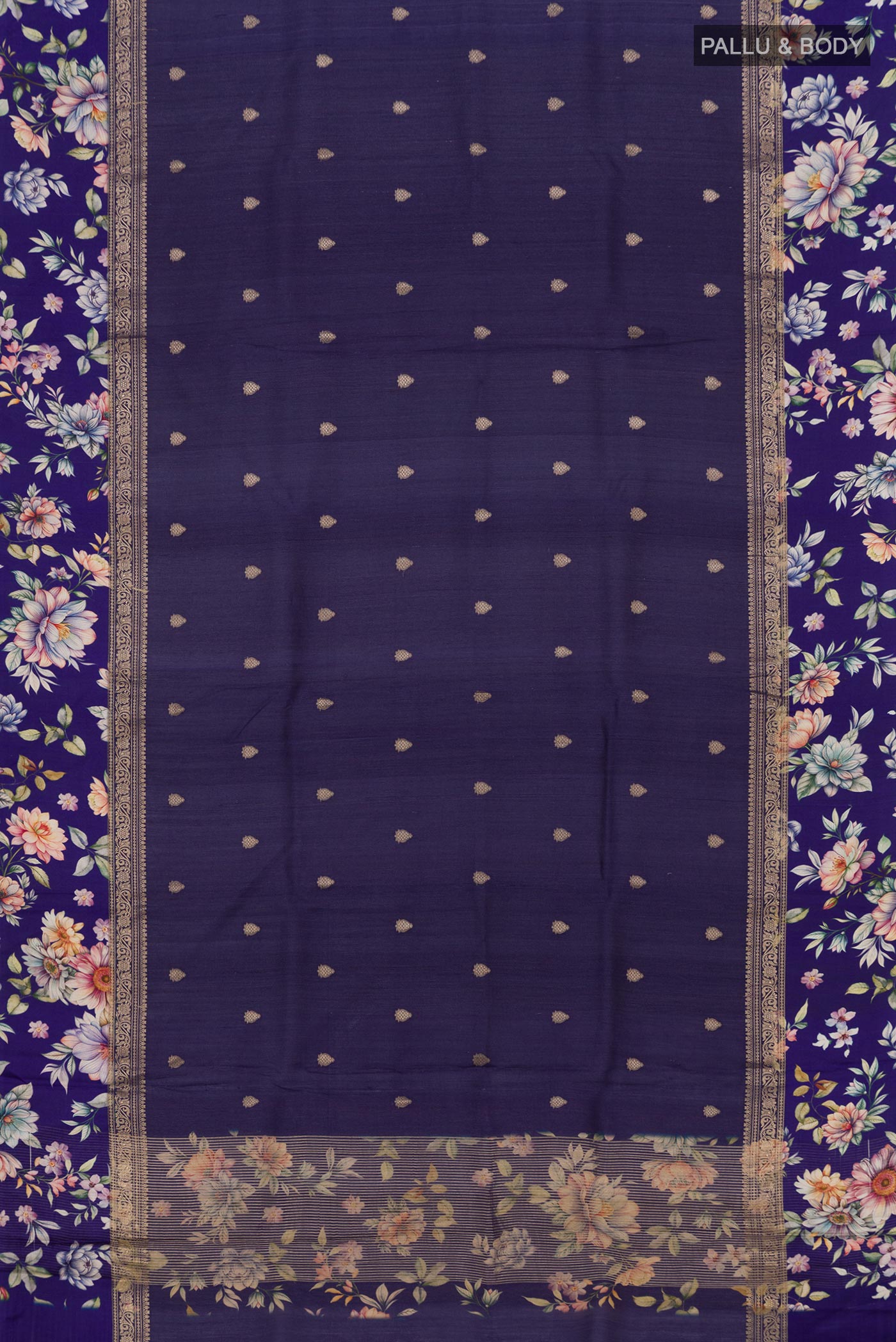 Flat view of Blue Tussar Silk Saree with Zari Butta on the body and Fancy Border. 