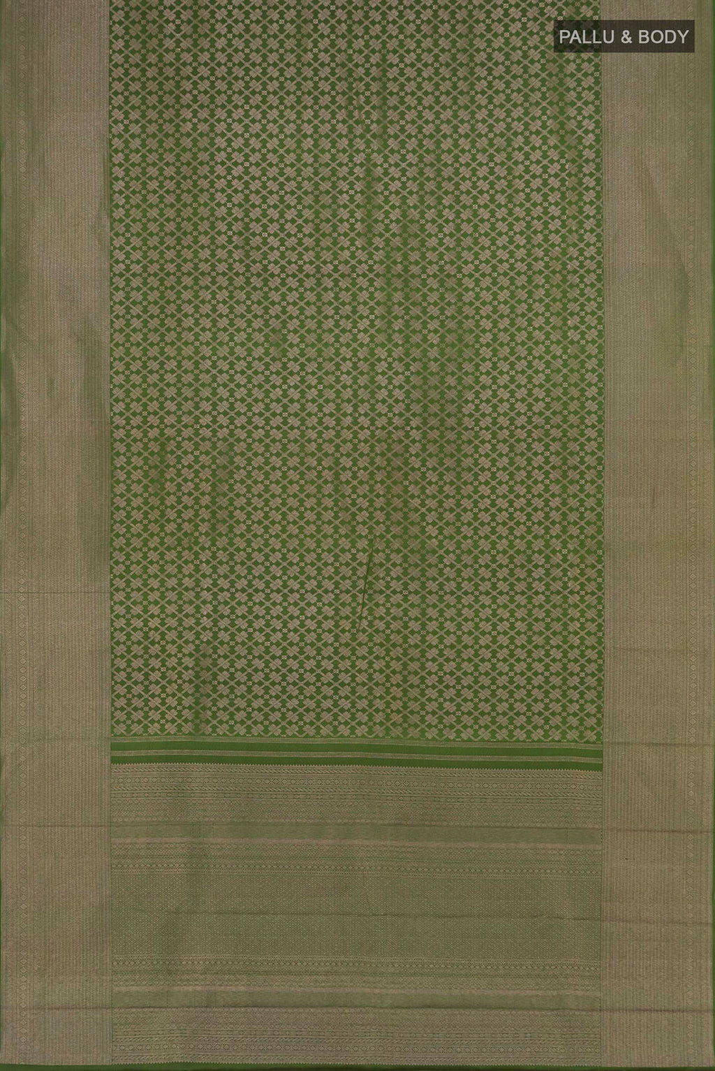 Flat view of Mehandi Green Kanchipuram Silk Saree with Zari Brocade on the body and Zari Border. 