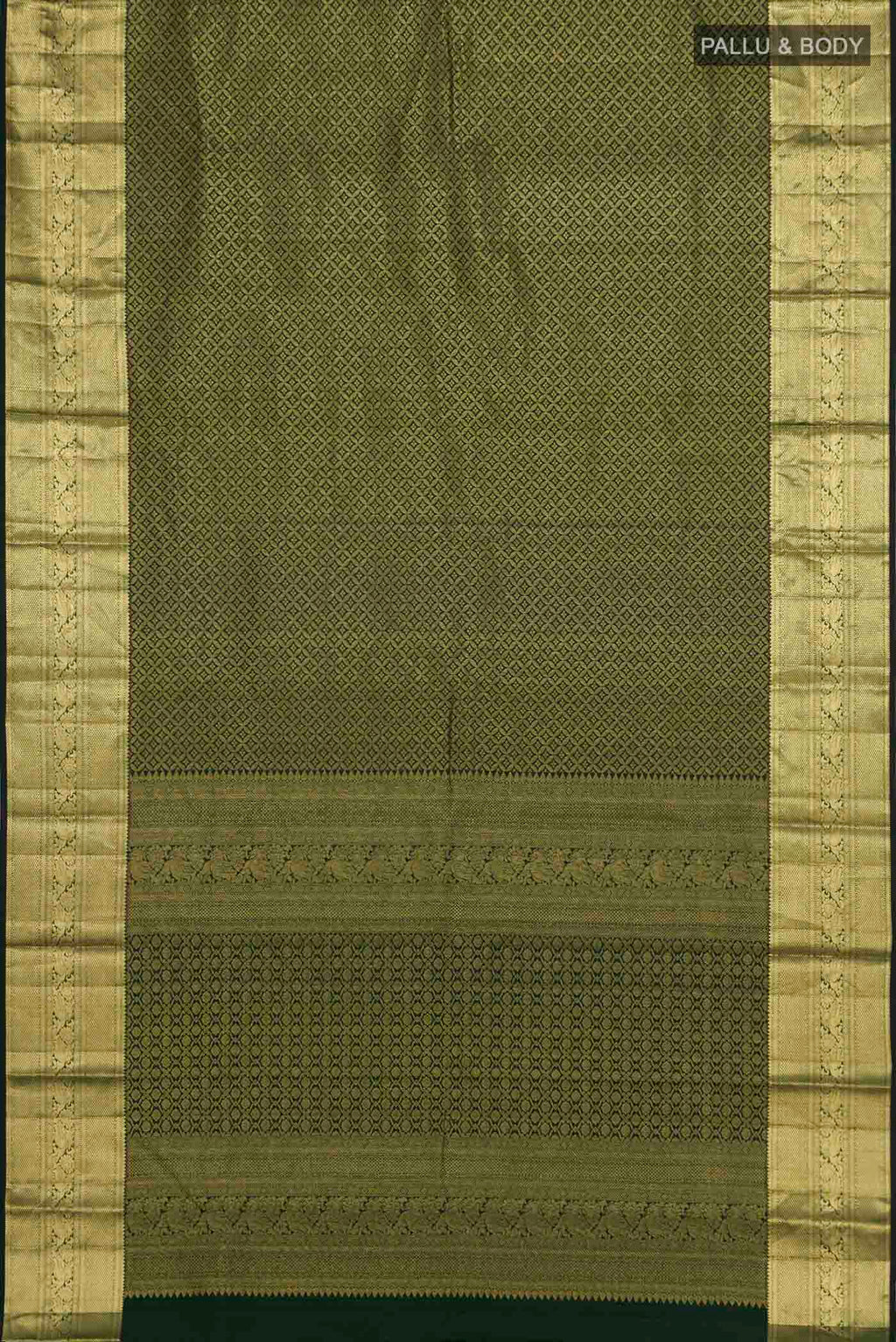 Flat view of Bottle Green Kanjivaram Silk Saree with Zari Brocade on the body and Zari Border. 