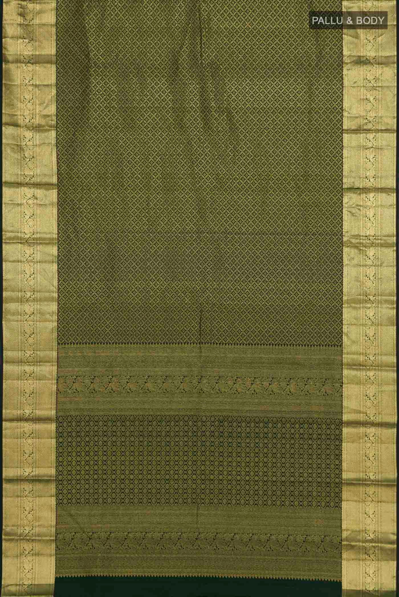 Flat view of Bottle Green Kanjivaram Silk Saree with Zari Brocade on the body and Zari Border. 