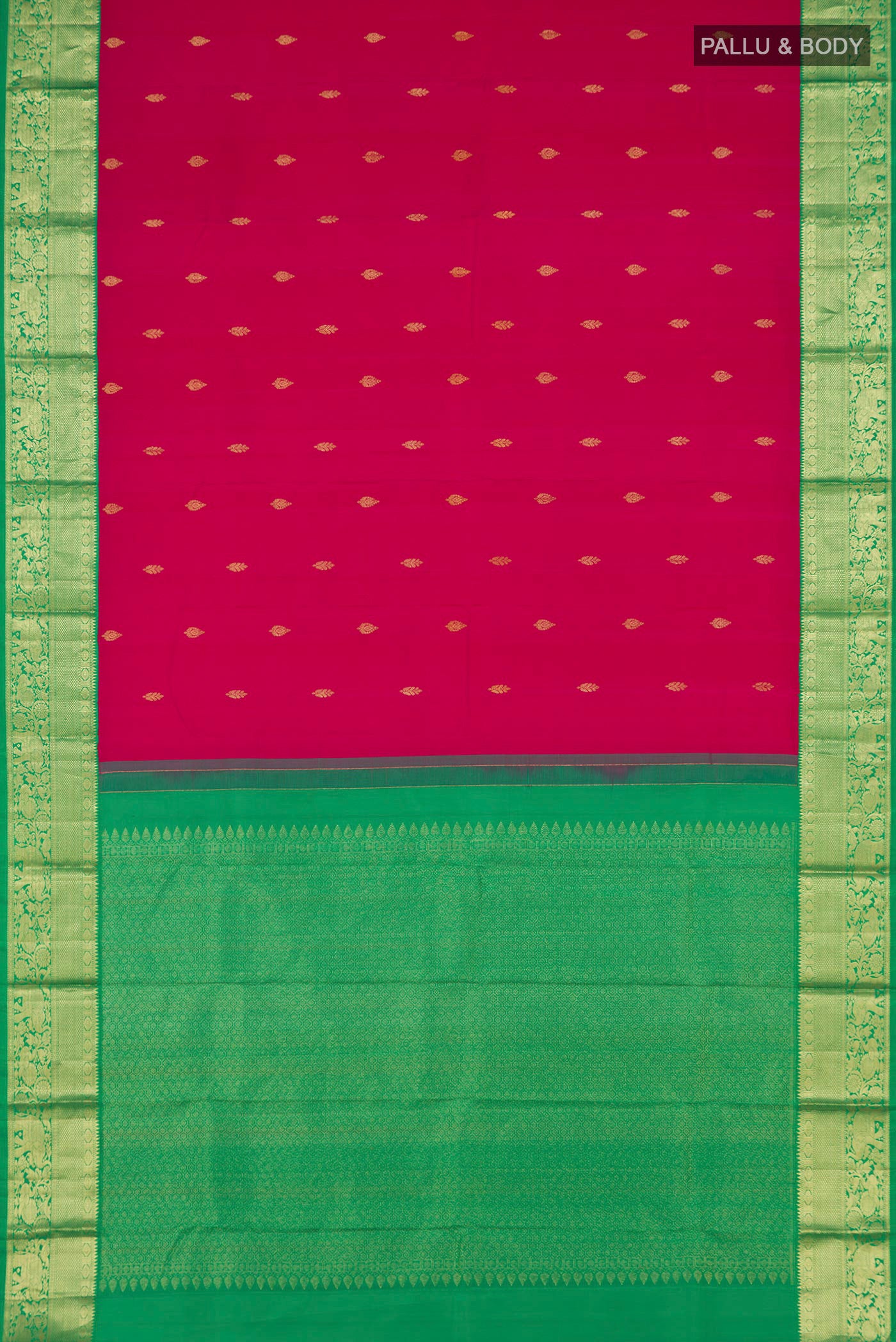 Flat view of Pink Kanjivaram Silk Saree with Zari Butta on the body and Zari Border. 
