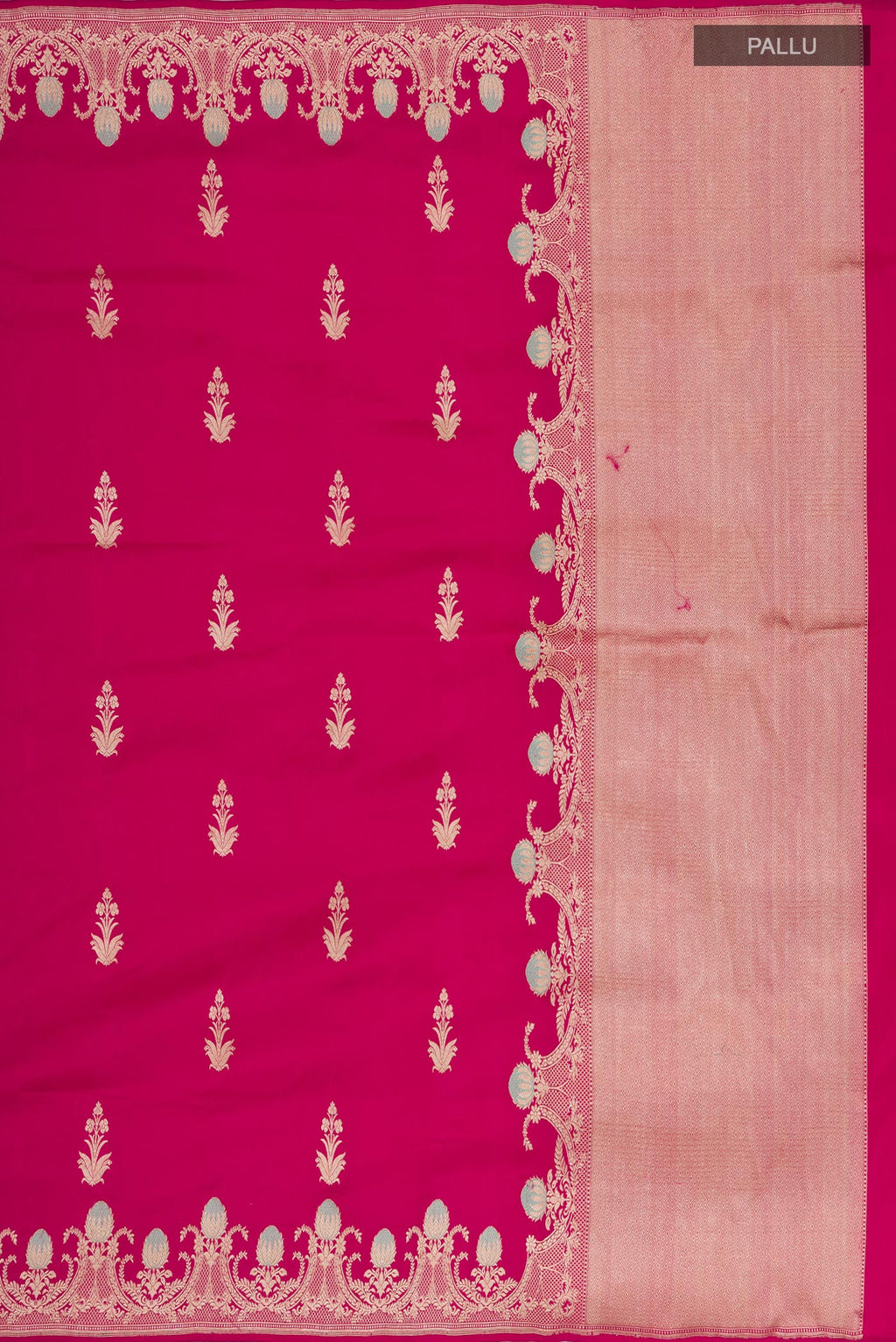 Close up image of the pallu of Pink Banarasi Katan Silk Saree with Zari Butta on the body and Fancy Border. 
