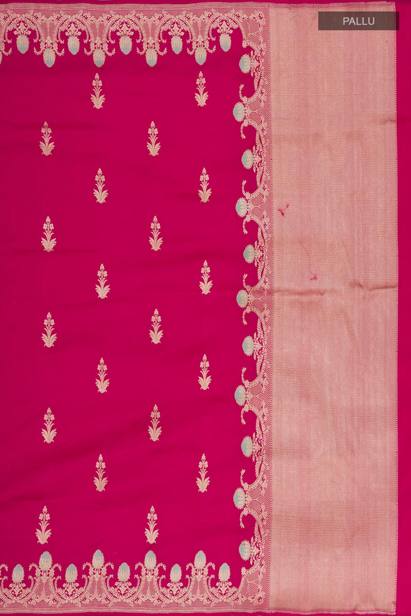 Close up image of the pallu of Pink Banarasi Katan Silk Saree with Zari Butta on the body and Fancy Border. 