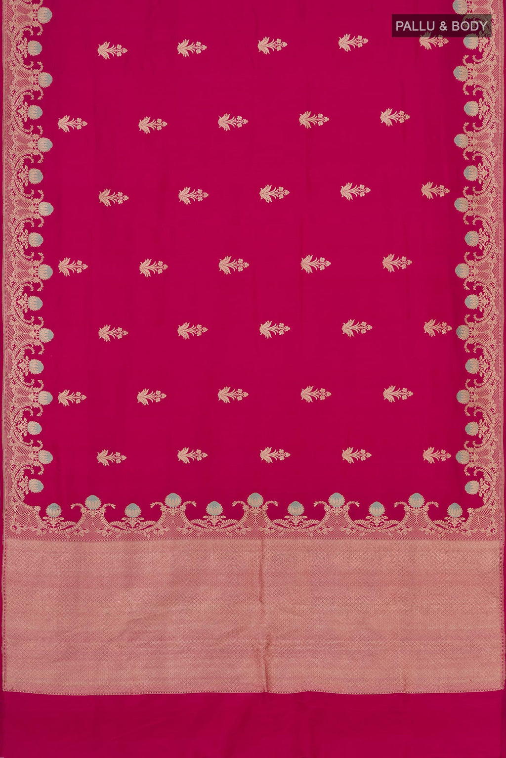 Flat view of Pink Banarasi Katan Silk Saree with Zari Butta on the body and Fancy Border. 