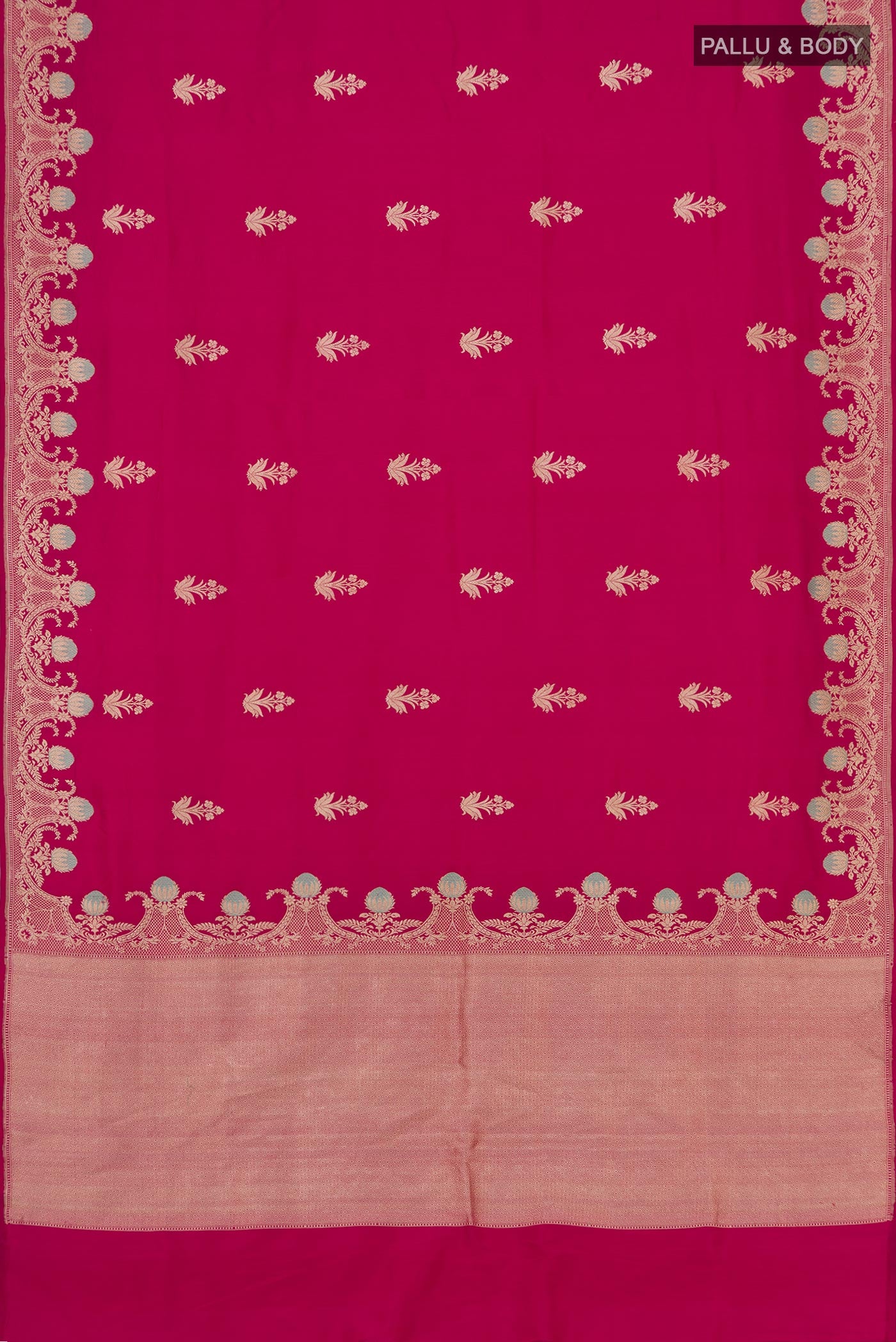 Flat view of Pink Banarasi Katan Silk Saree with Zari Butta on the body and Fancy Border. 