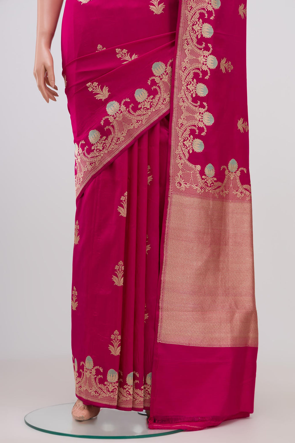 Pleats and pallu of Pink Banarasi Katan Silk Saree with Zari Butta on the body and Fancy Border. 