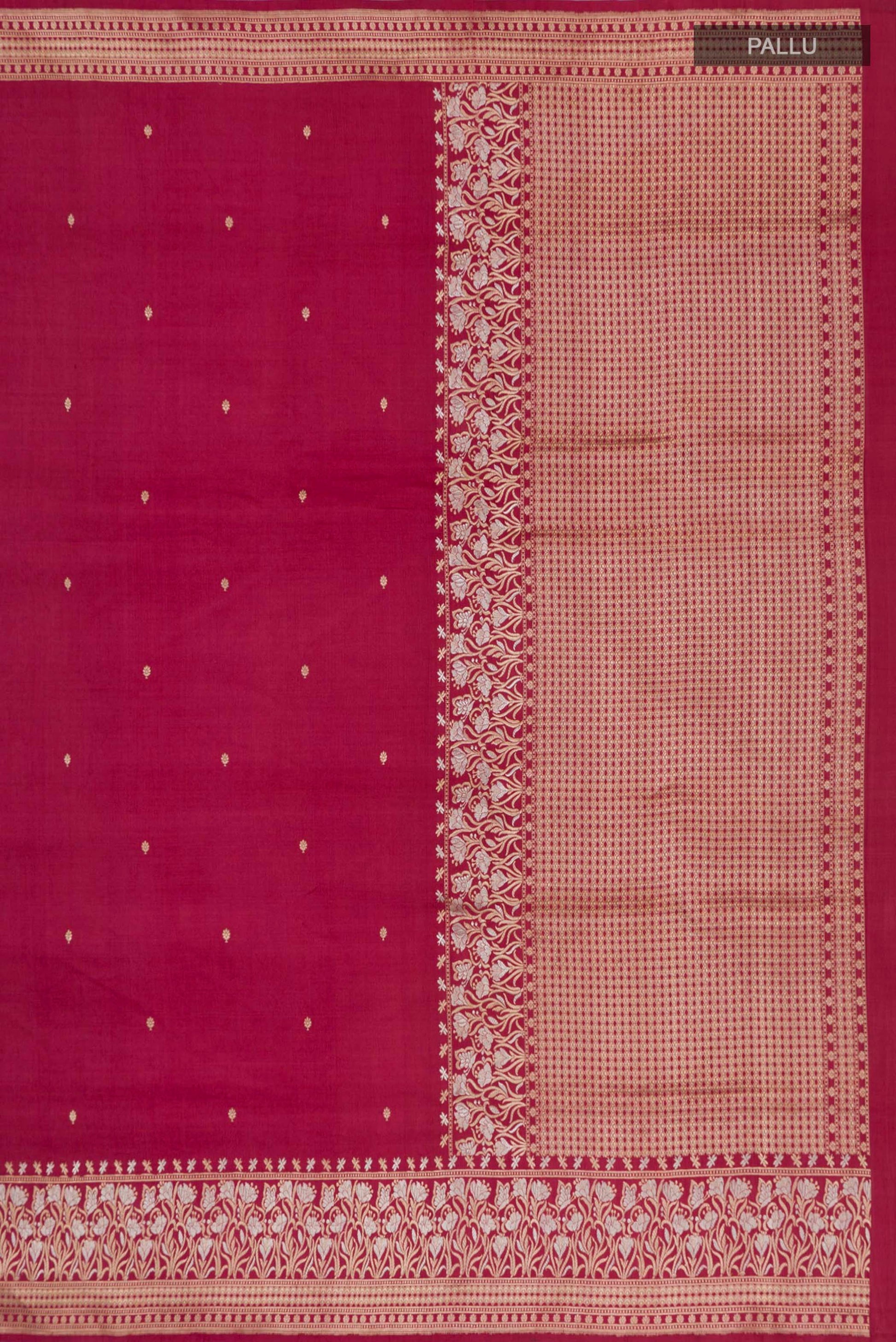 Close up image of the pallu of Maroon Banarasi Silk Saree with Zari Butta on the body and Zari Border. 