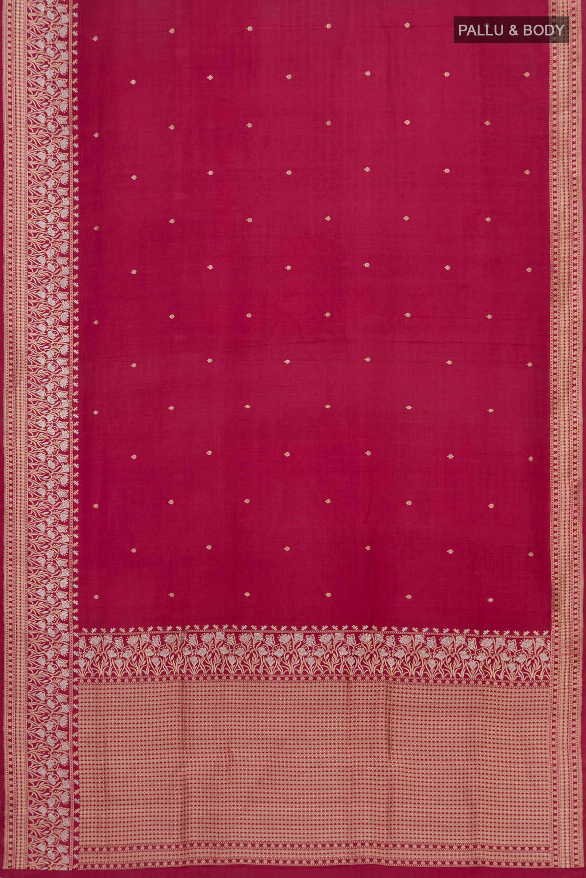 Flat view of Maroon Banarasi Silk Saree with Zari Butta on the body and Zari Border. 