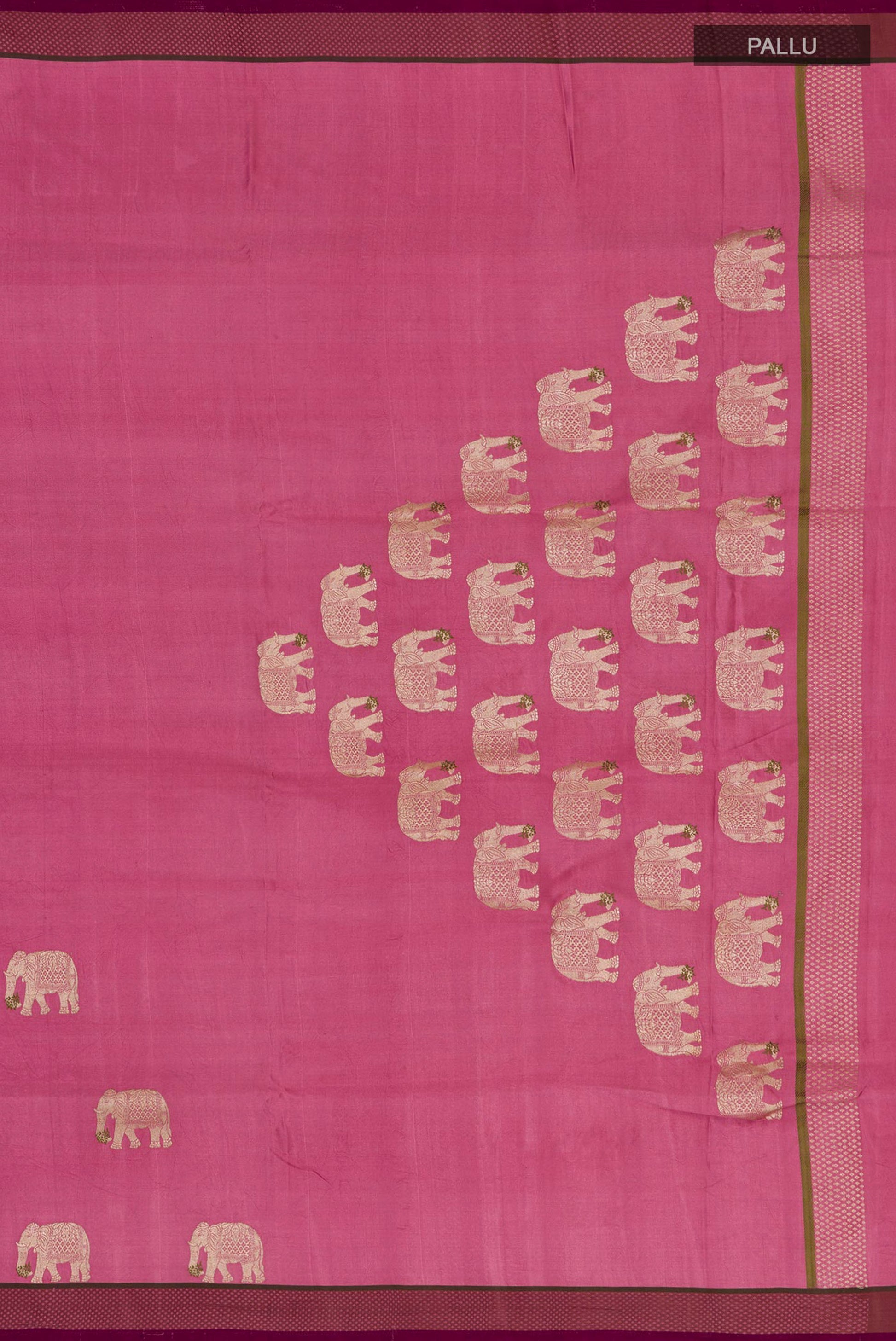 Close up image of the pallu of Pink Banarasi Silk Saree with Zari Butta on the body and Thread Border. 