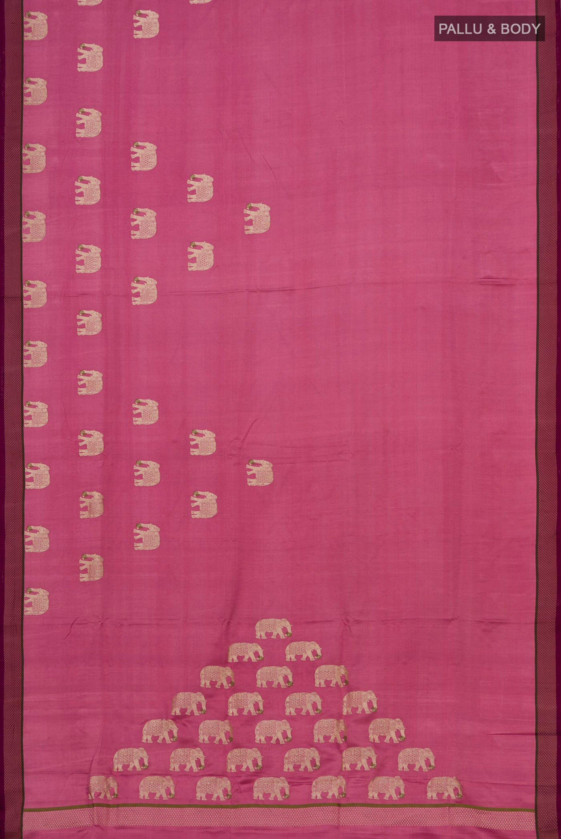 Flat view of Pink Banarasi Silk Saree with Zari Butta on the body and Thread Border. 