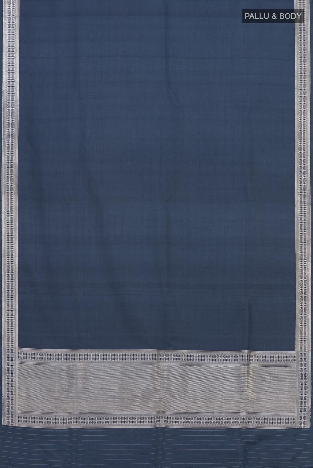 Flat view of Grey Banarasi Silk Saree with Plain Body and Zari Border. 