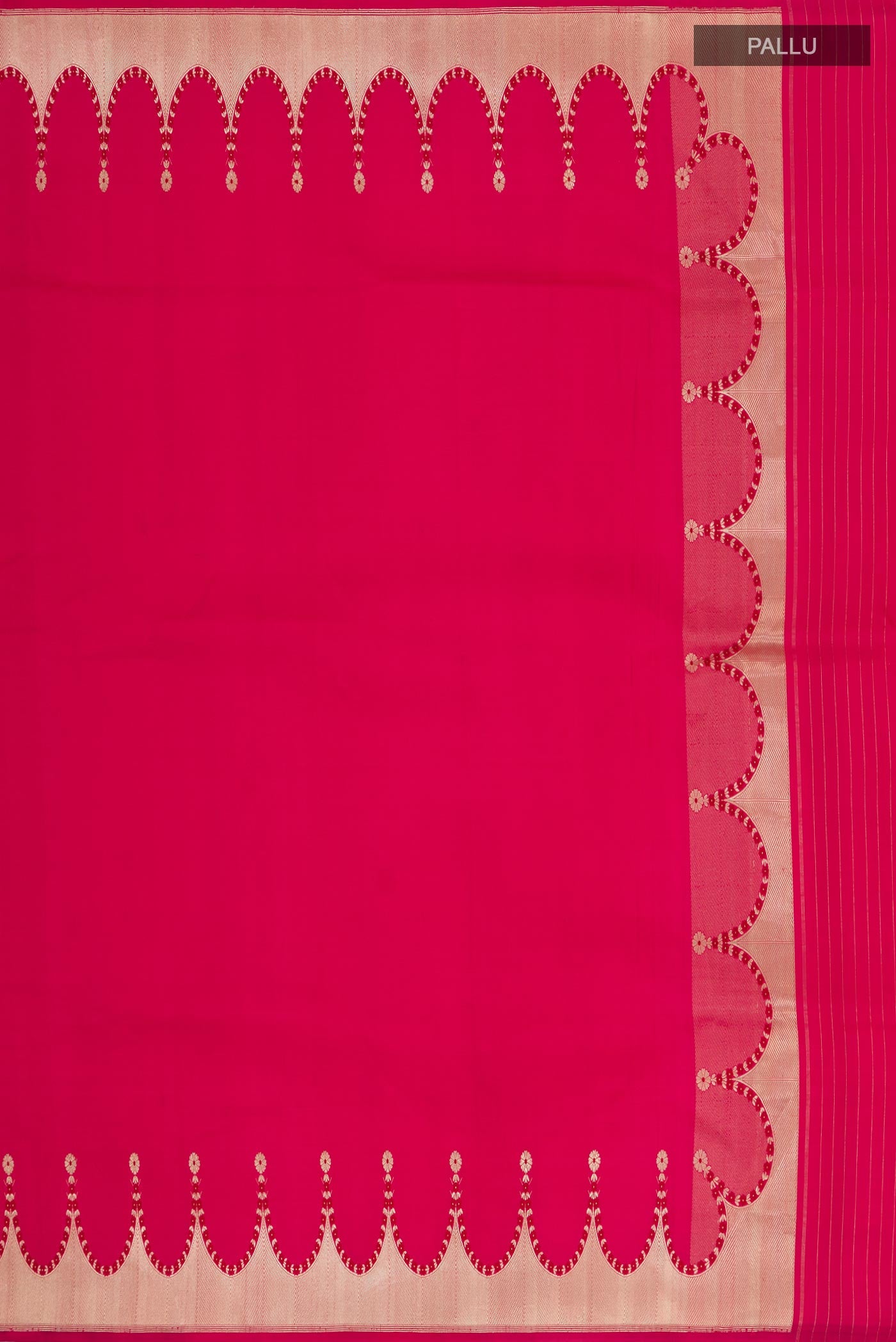 Close up image of the pallu of Pink Banarasi Silk Saree with Plain Body and Fancy Border. 