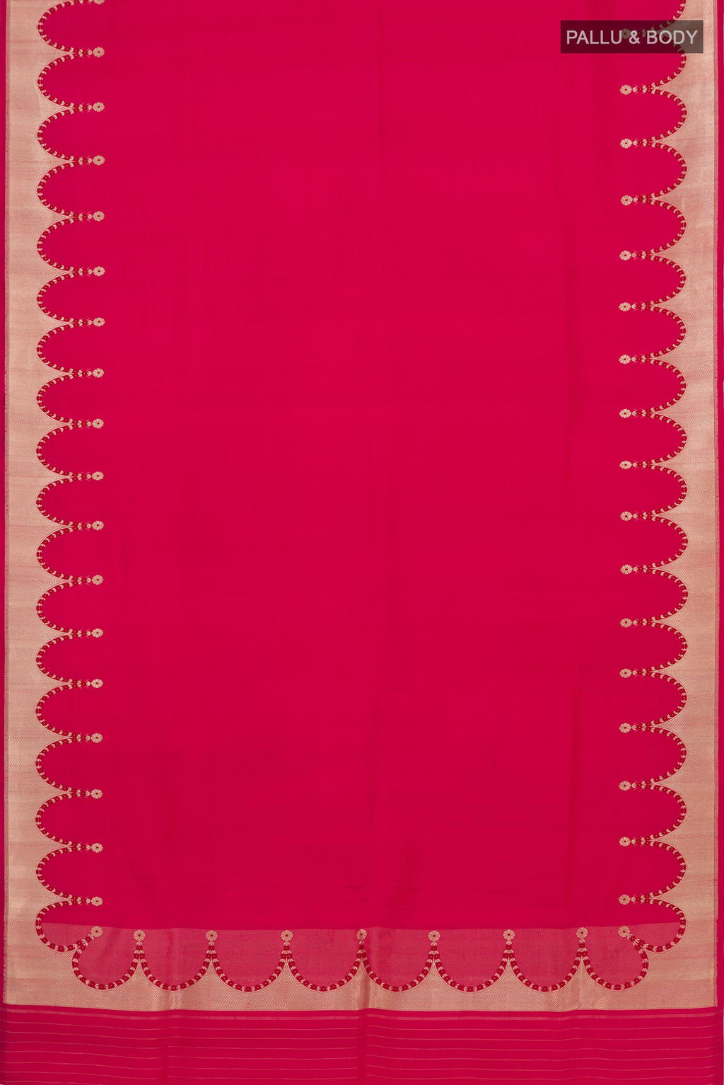 Flat view of Pink Banarasi Silk Saree with Plain Body and Fancy Border. 