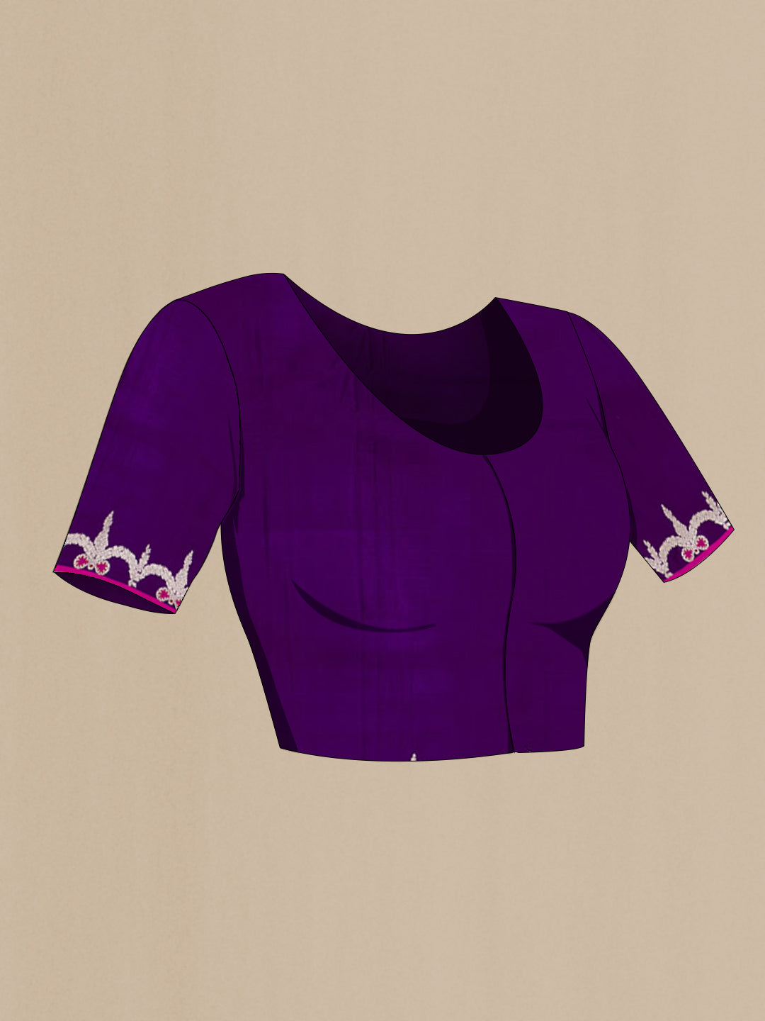 Close up image of the blouse of Purple Banarasi Silk Saree with Plain Body and Fancy Border. 