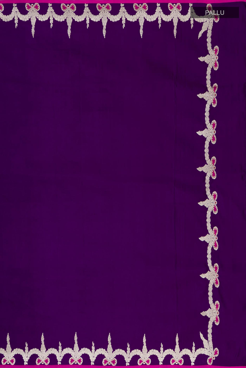 Close up image of the pallu of Purple Banarasi Silk Saree with Plain Body and Fancy Border. 