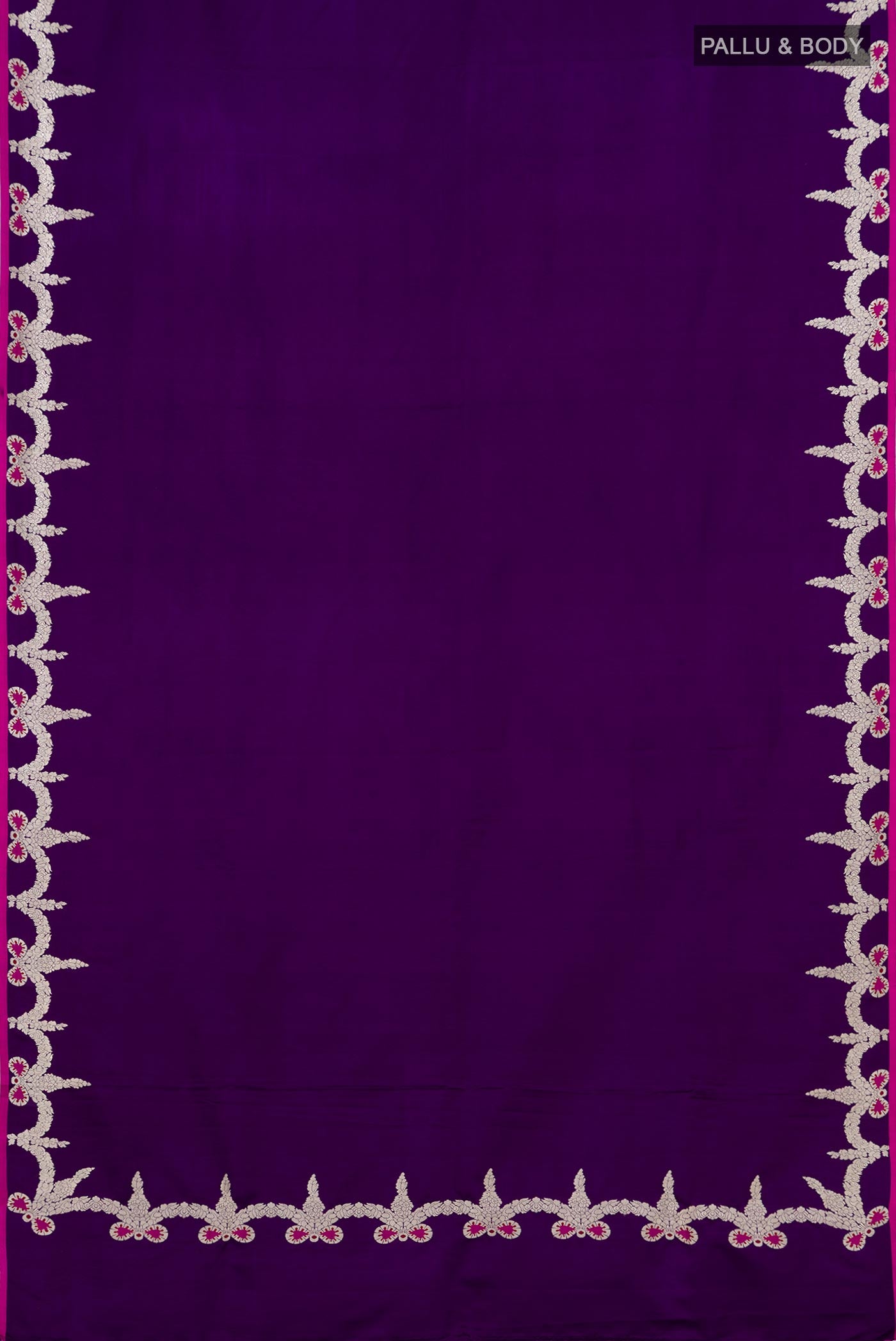 Flat view of Purple Banarasi Silk Saree with Plain Body and Fancy Border. 