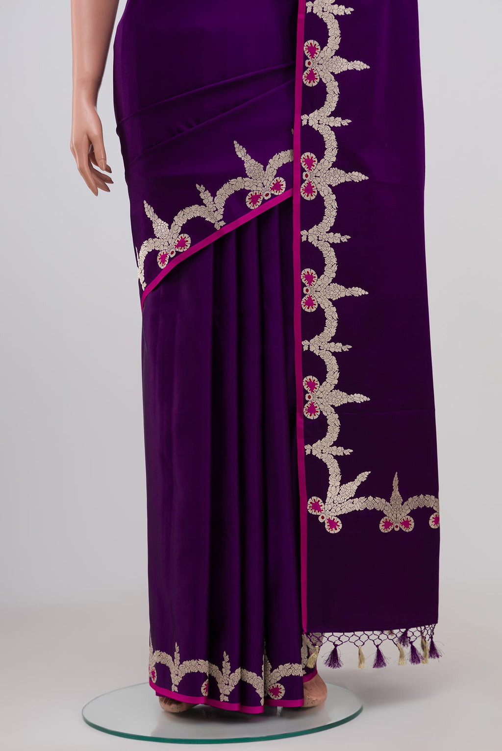 Pleats and pallu of Purple Banarasi Silk Saree with Plain Body and Fancy Border. 