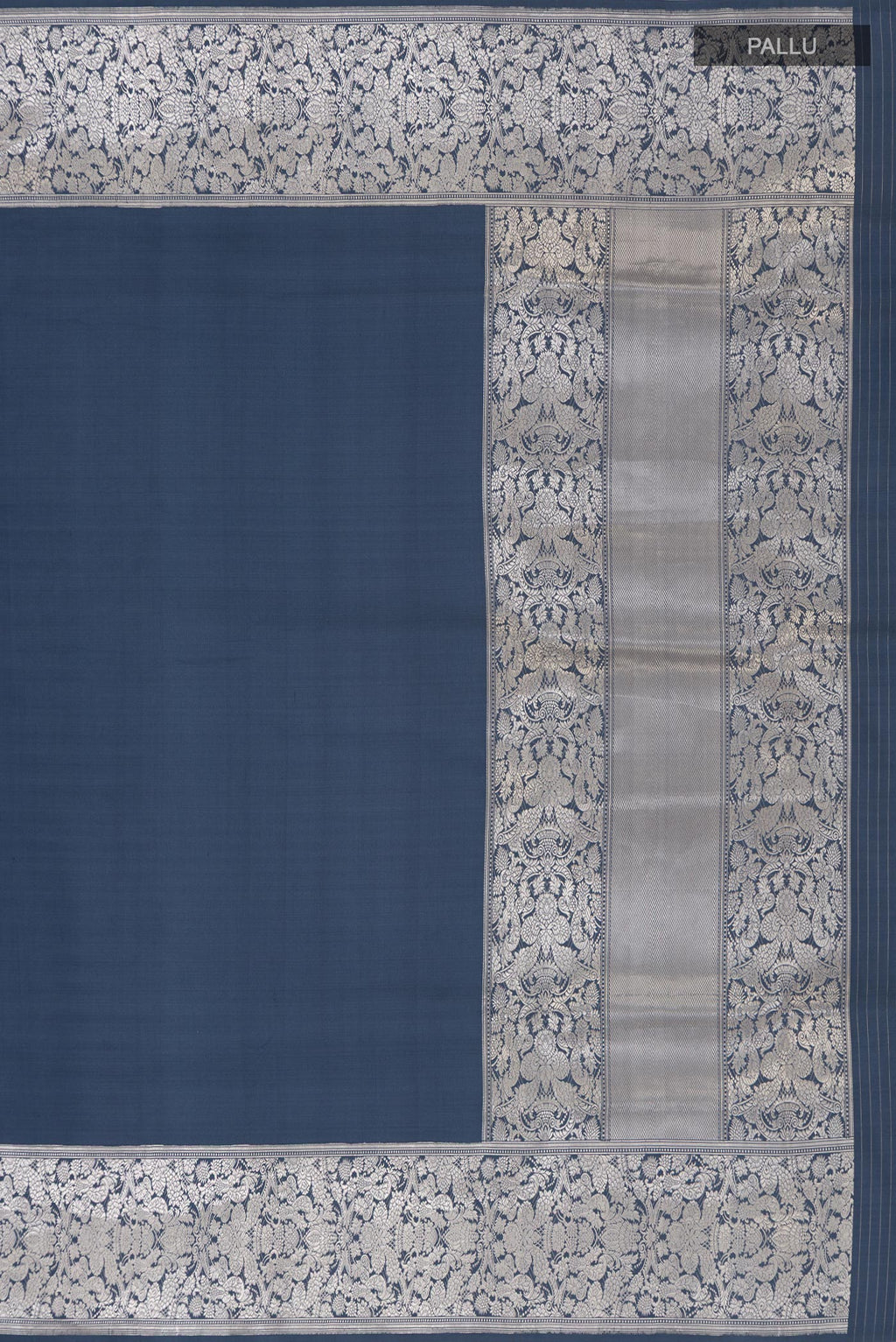 Close up image of the pallu of Grey Banarasi Silk Saree with Plain Body and Fancy Border. 