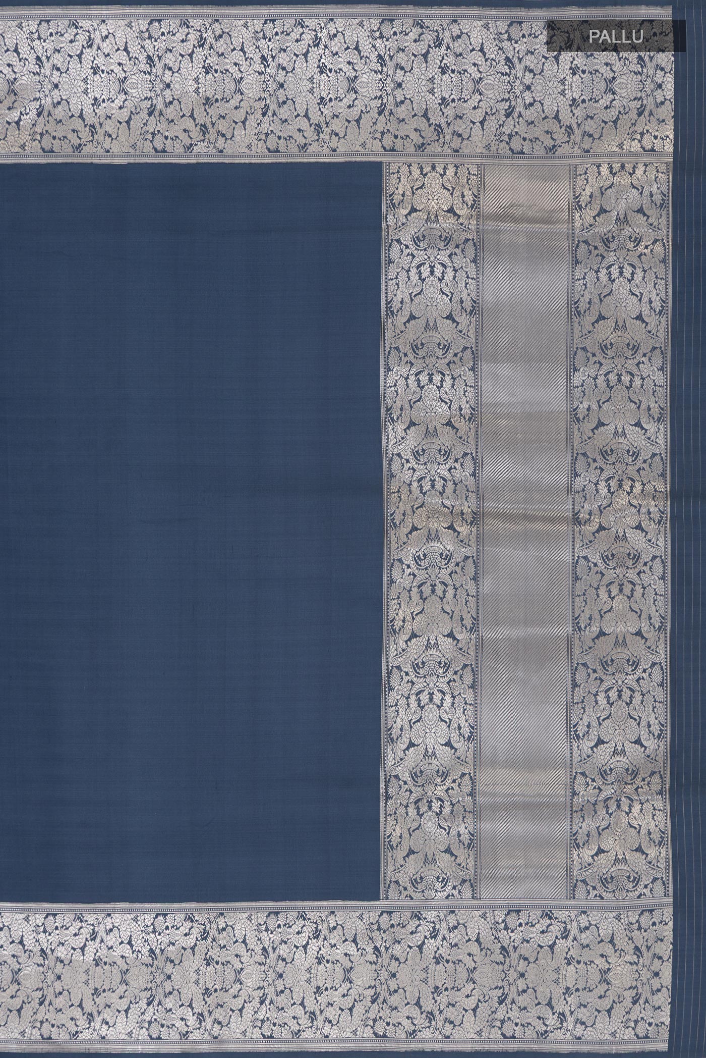 Close up image of the pallu of Grey Banarasi Silk Saree with Plain Body and Fancy Border. 