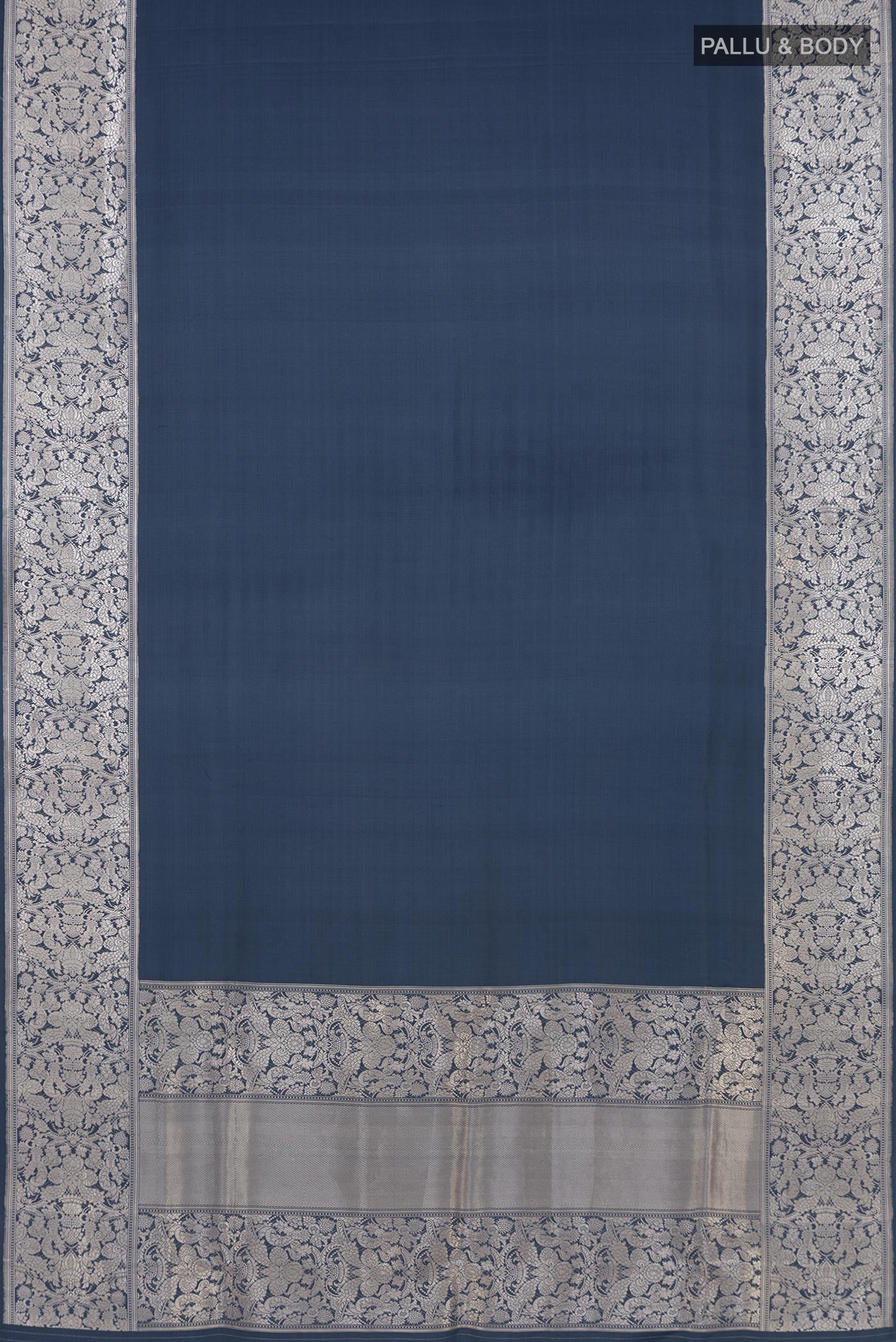 Flat view of Grey Banarasi Silk Saree with Plain Body and Fancy Border. 