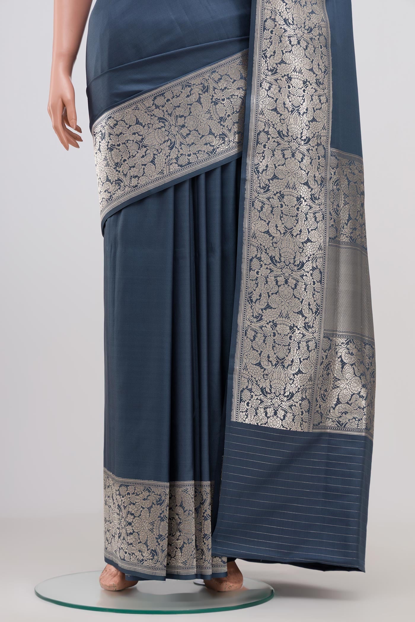 Pleats and pallu of Grey Banarasi Silk Saree with Plain Body and Fancy Border. 
